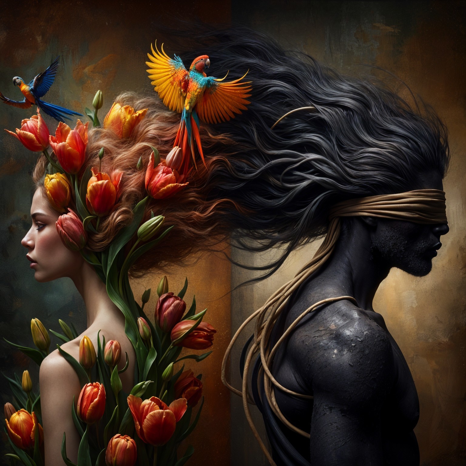 Contrast of Floral Beauty and Blindfolded Strength