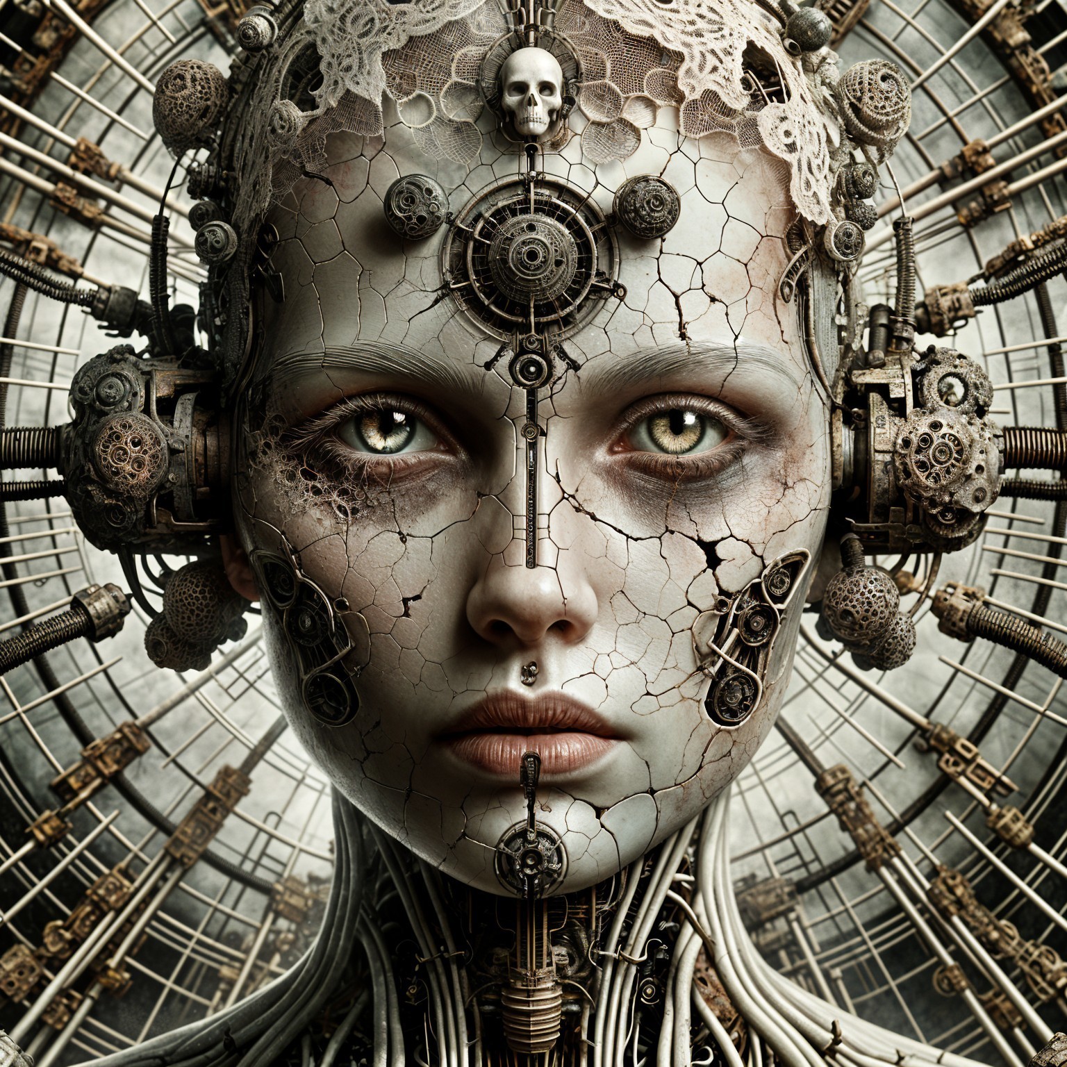 Futuristic Robotic Female Face with Clockwork Elements
