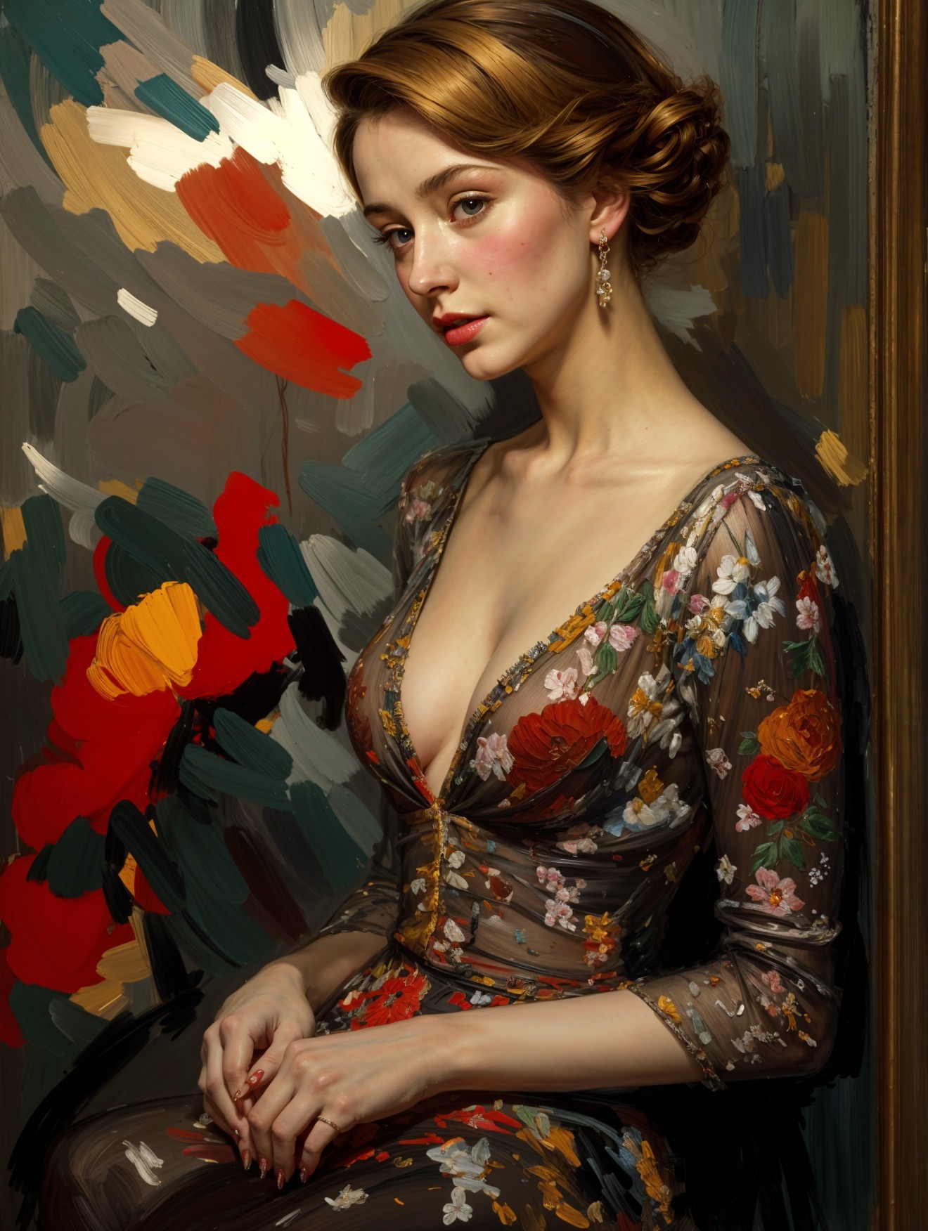 Elegant Woman in Sheer Floral Dress Against Abstract Background