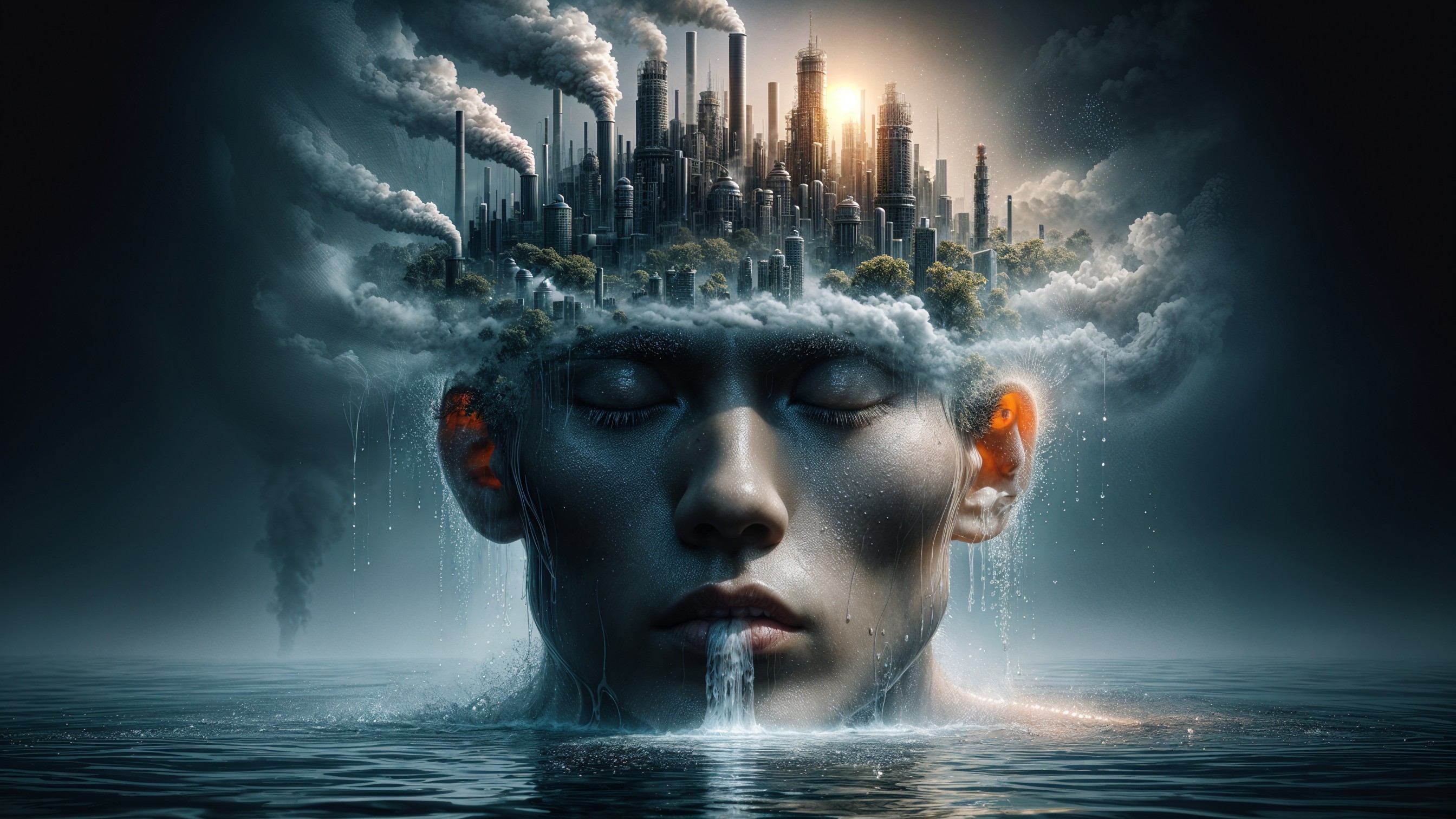 Surreal Cityscape Emerging from a Person's Head