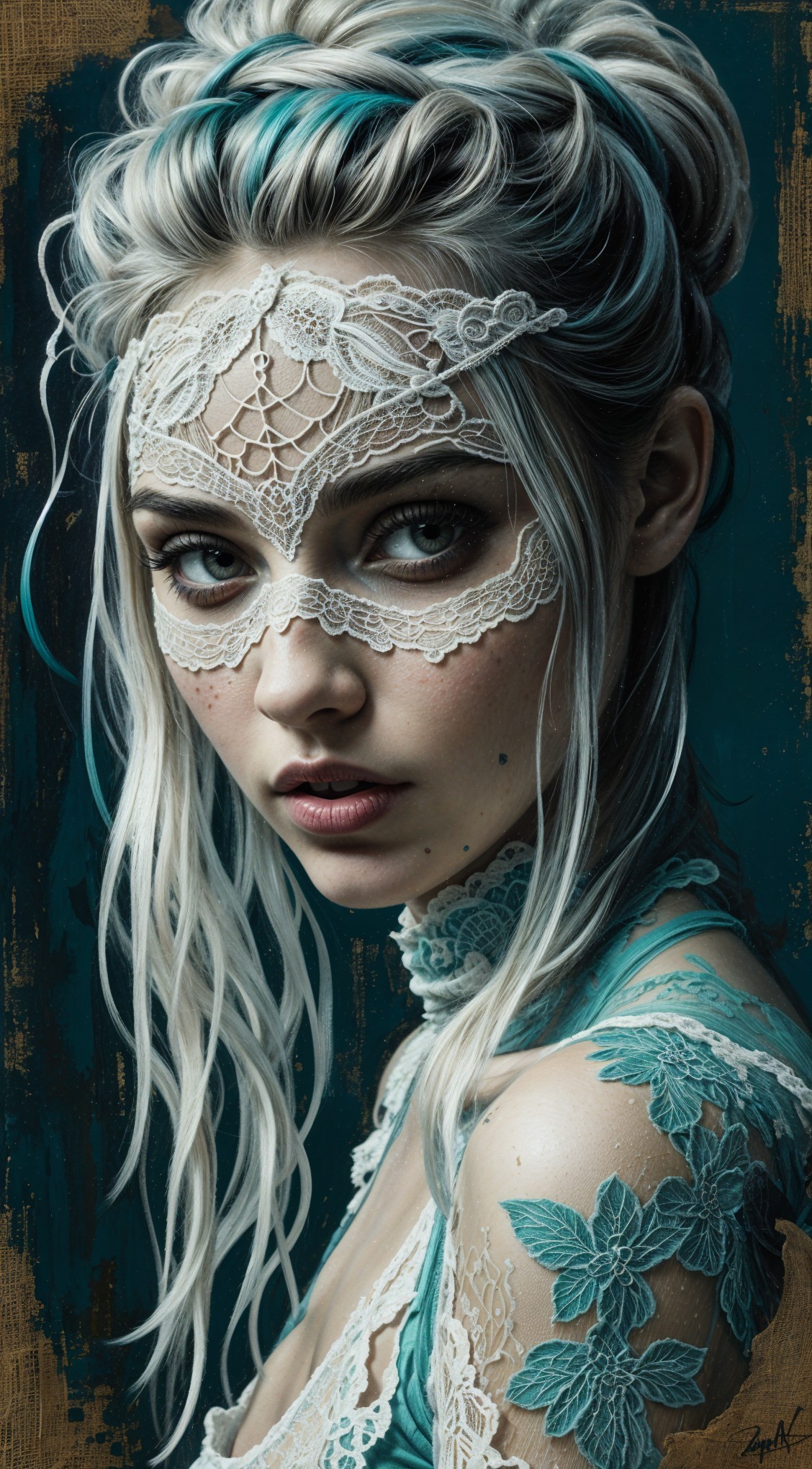 Female figure with lace patterns and teal highlights