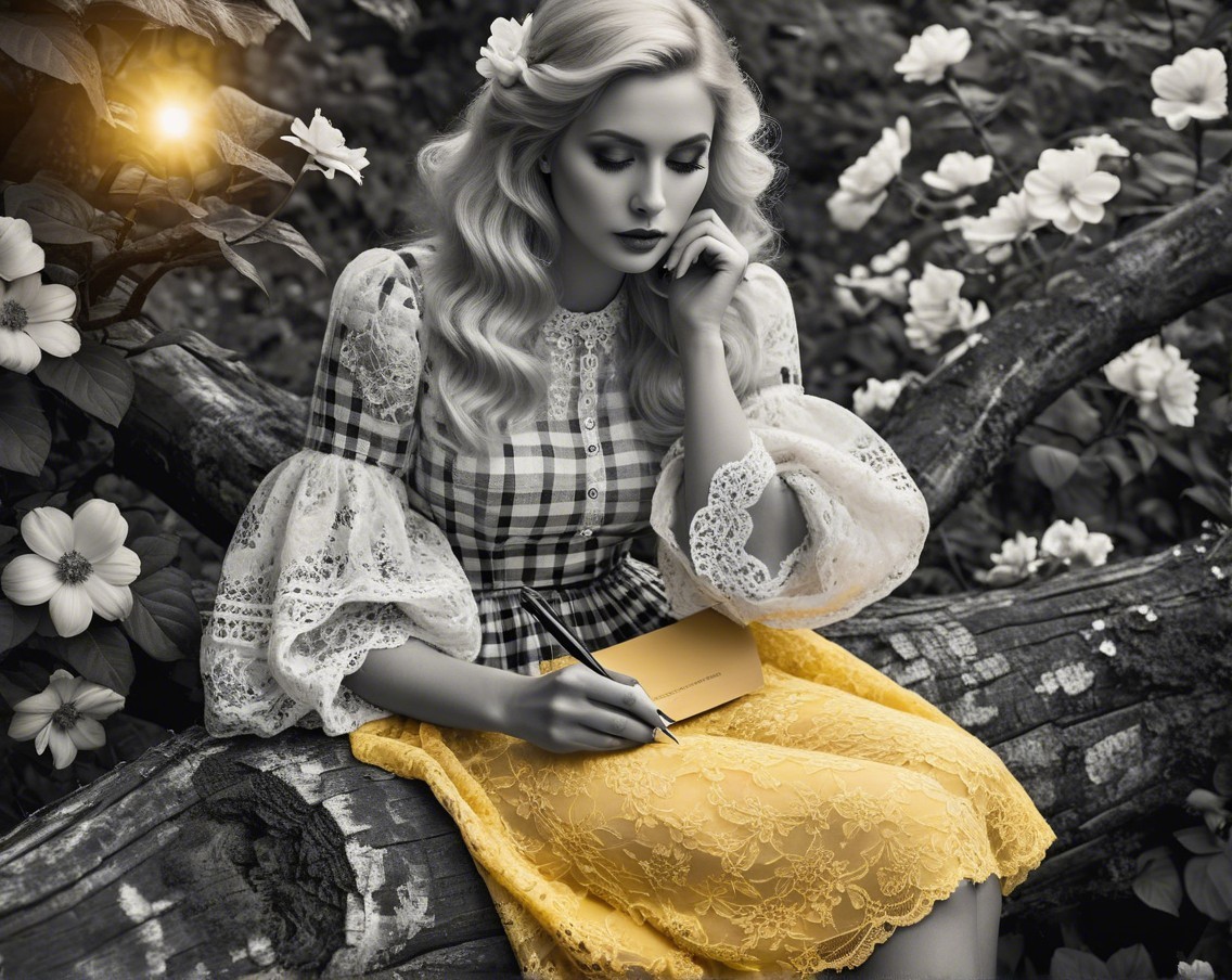 Monochrome Garden with Woman Writing on Golden Envelope