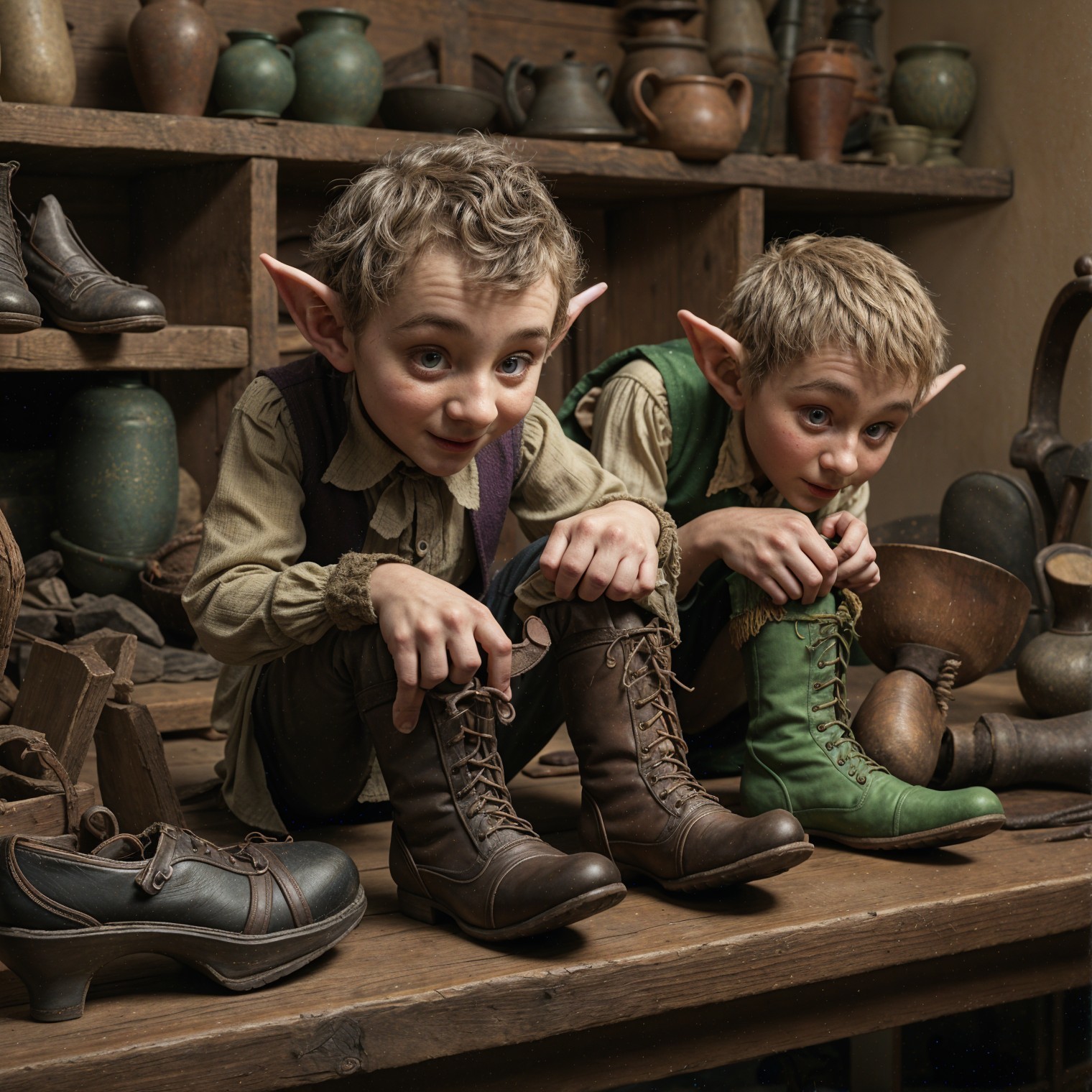 Young elves in a cozy shoe and pottery shop