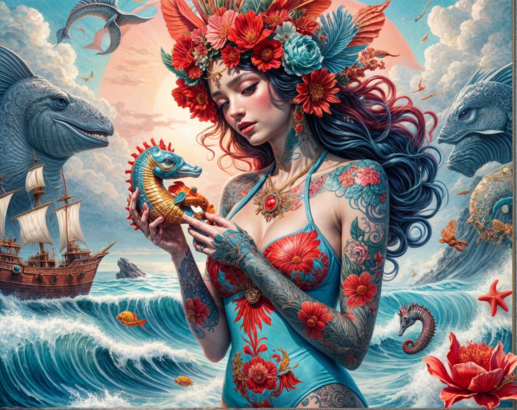 Woman with Floral Tattoos and Seahorse in Ocean Scene