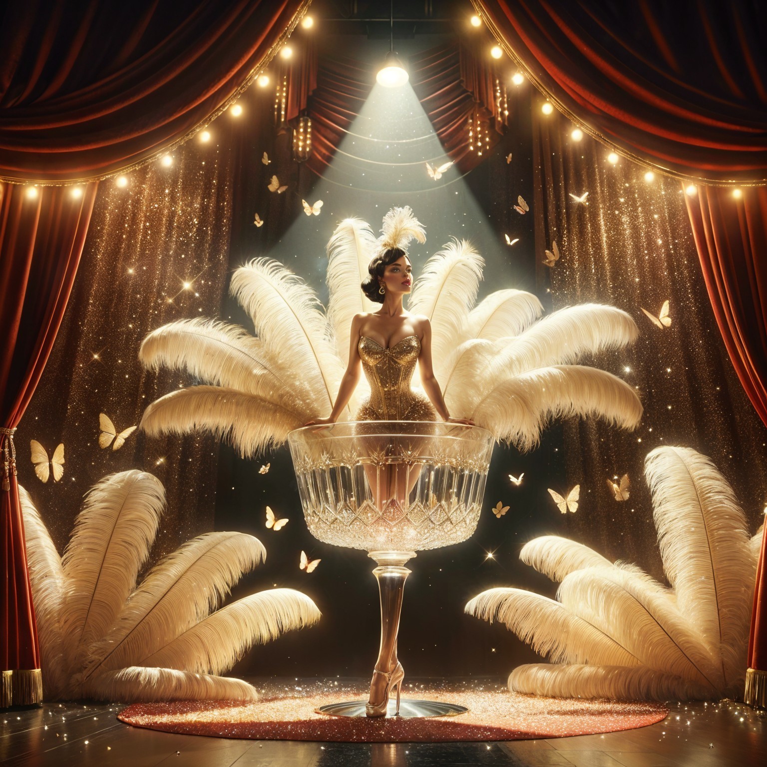 Glamorous stage scene with gold outfit and feathers