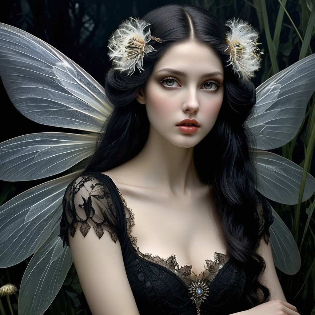 Mystical fairy with translucent wings in dark foliage