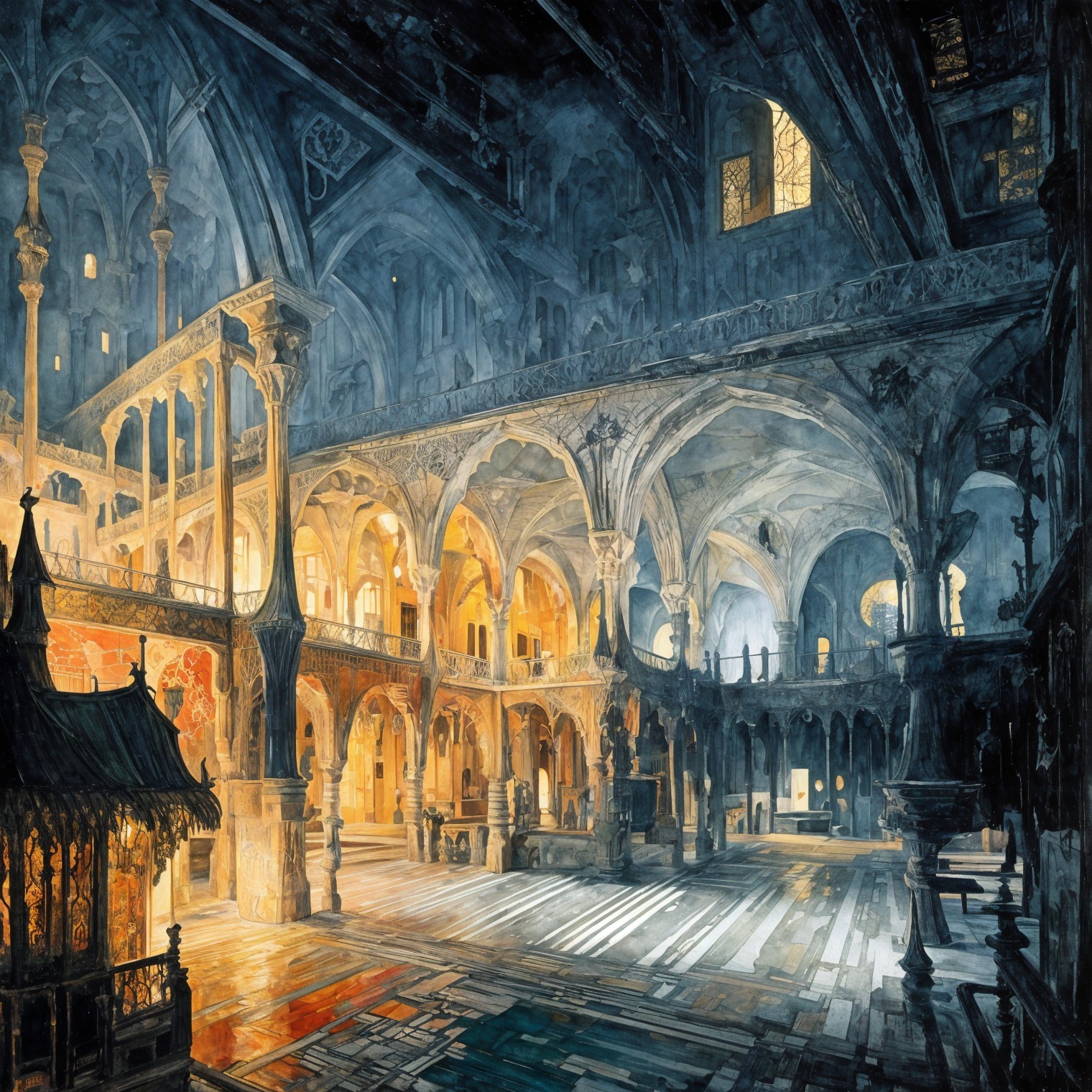 Medieval-Style Hall with Intricate Architecture and Light