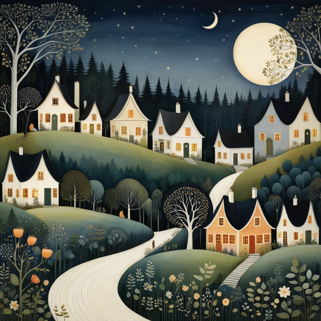 Whimsical Nighttime Village with Glowing Houses