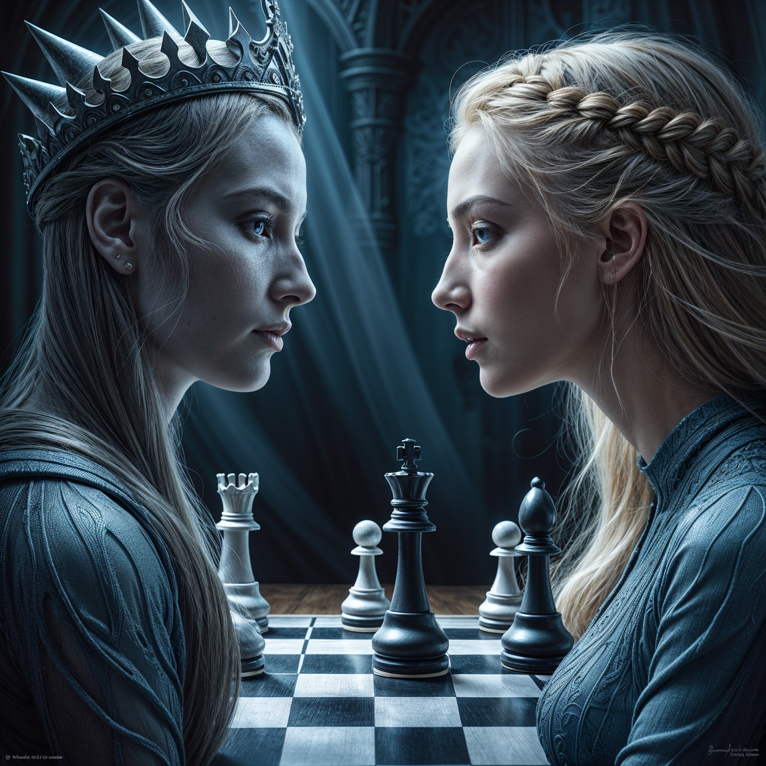 Dramatic Chess Scene with Intense Queens Facing Off