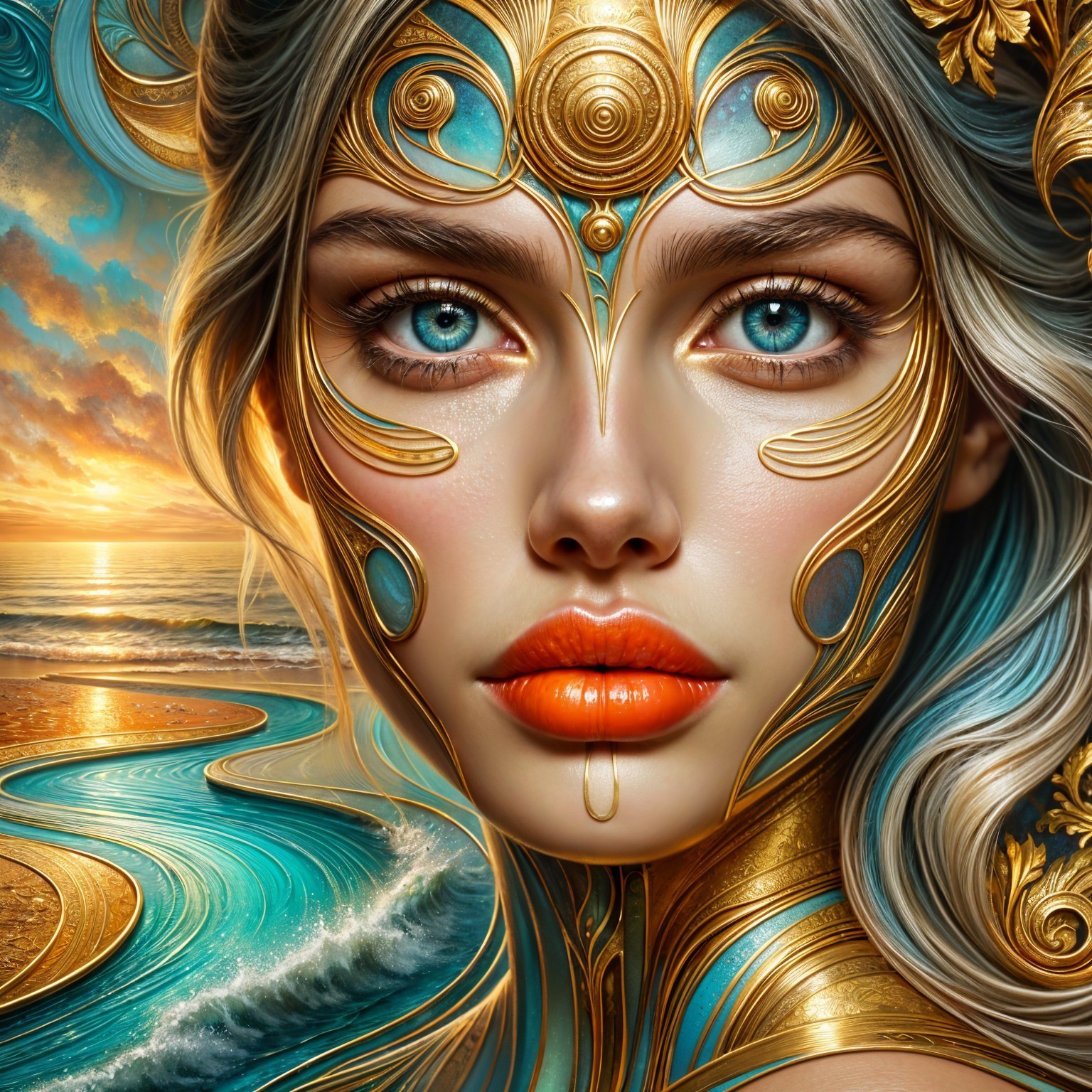 Portrait of a Woman with Golden Patterns and Sunset Background
