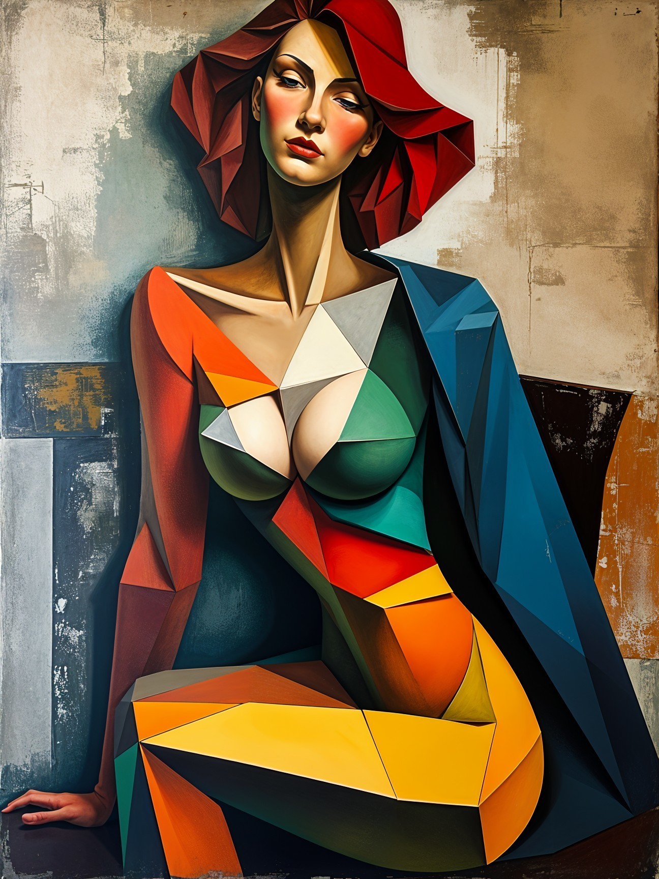 Stylized Female Figure in Vibrant Geometric Shapes