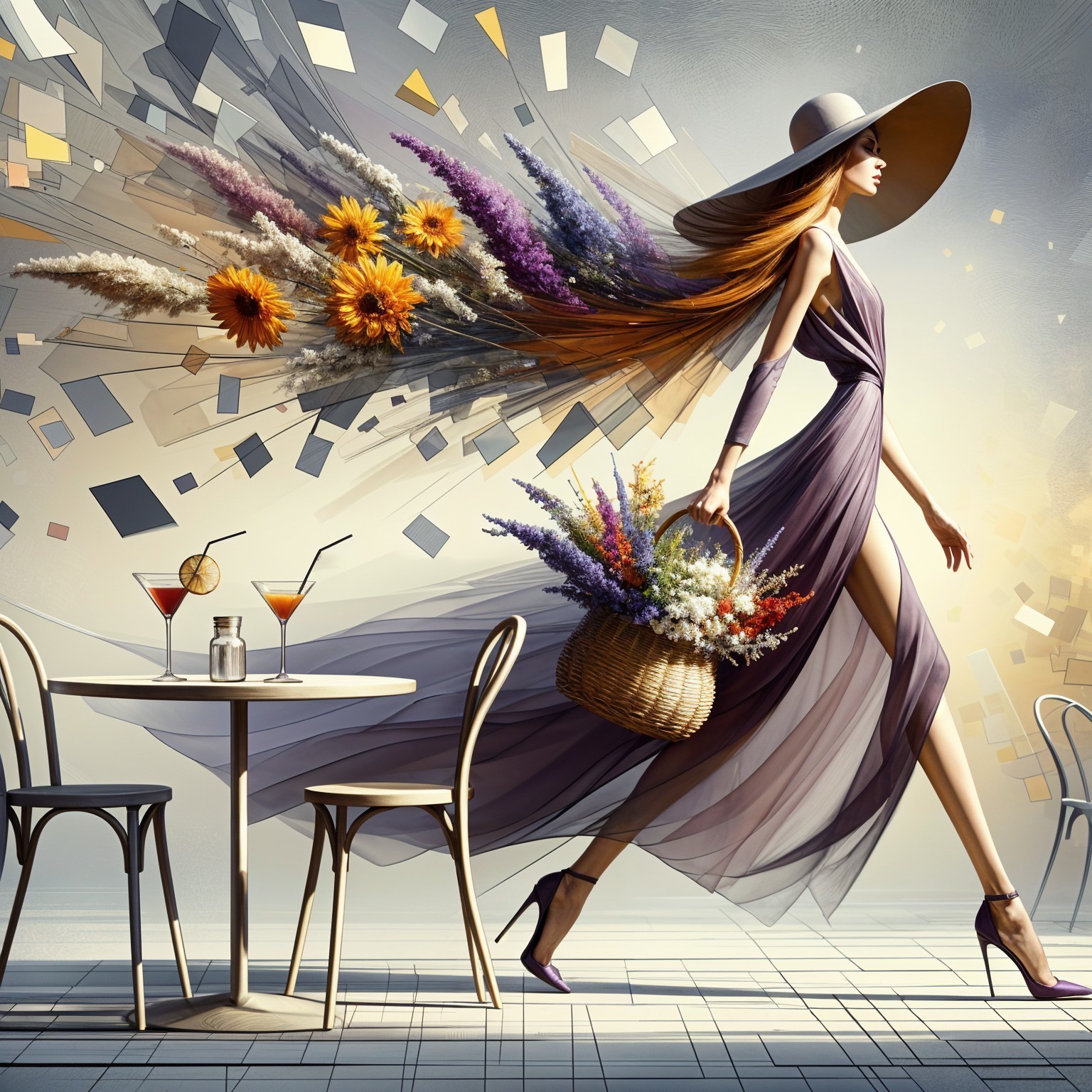 Glamorous figure in floral dress at a café scene