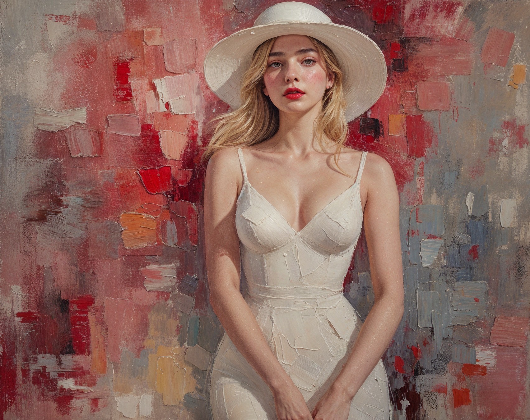 Woman in White Dress Against Abstract Background