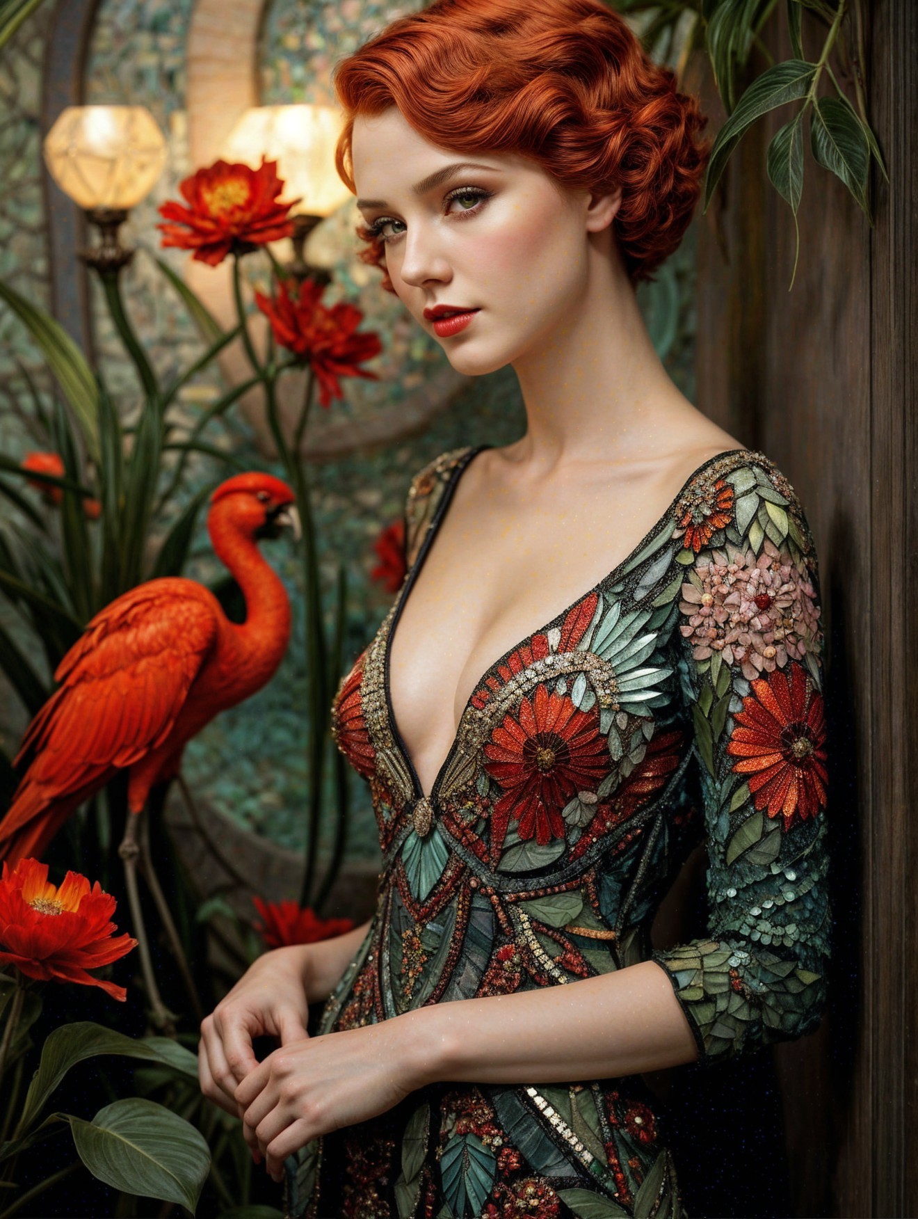 Elegant Woman in Floral Gown with Flamingo and Greenery