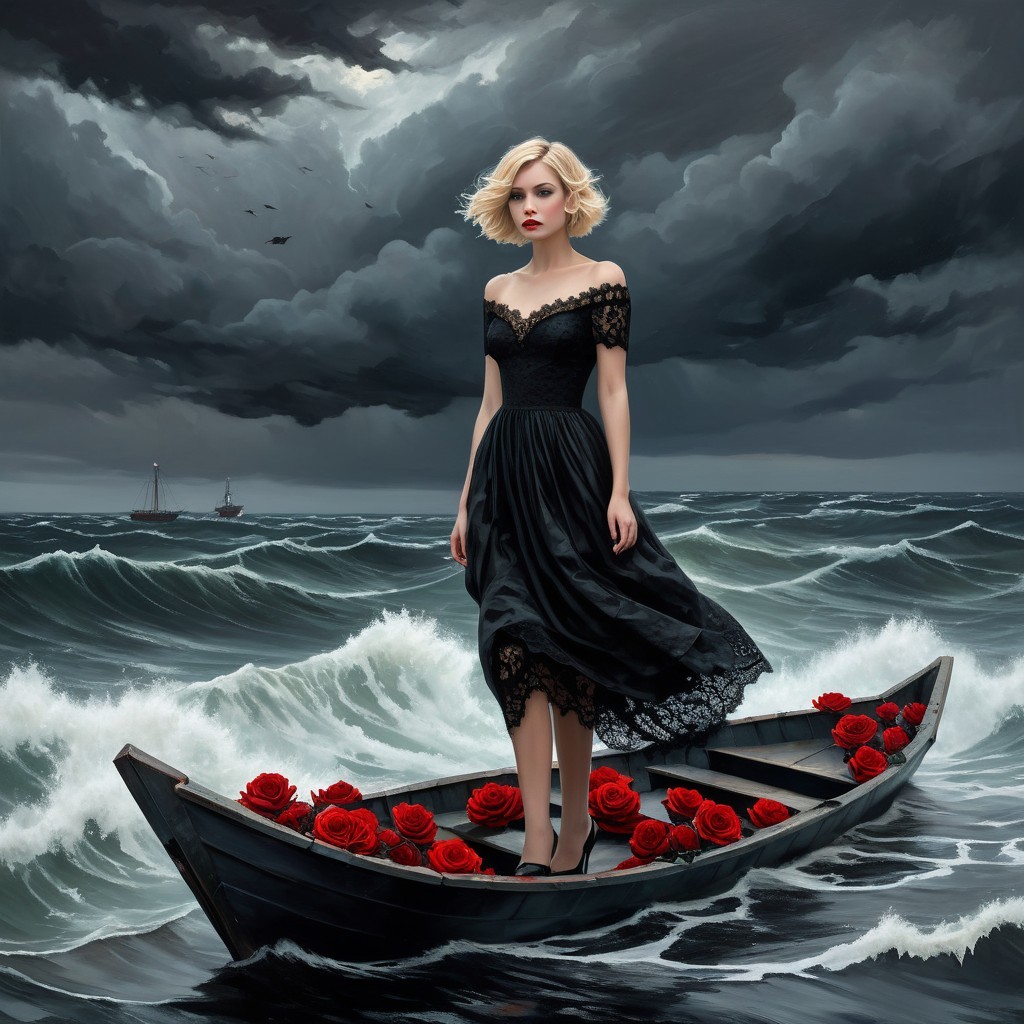 Woman in Black Dress on Boat Amidst Stormy Waves