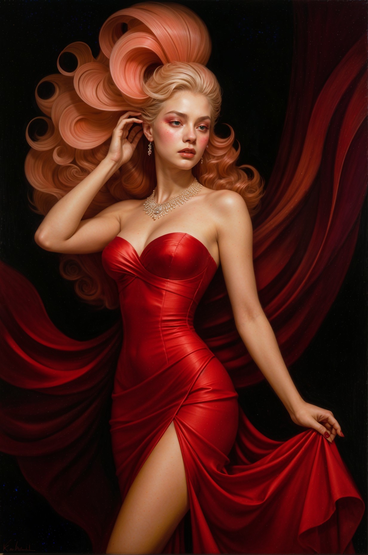 Portrait of a Woman in a Red Dress with Glamorous Features
