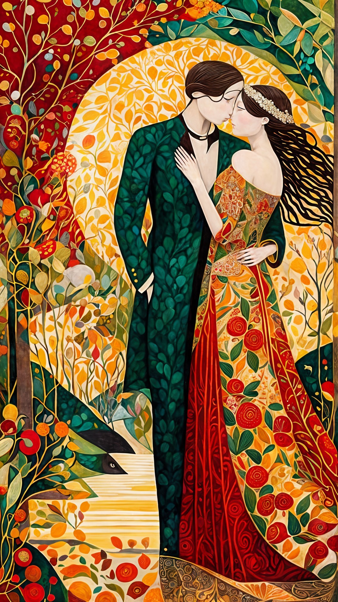 Colorful Illustration of Romantic Couple in Autumn Landscape
