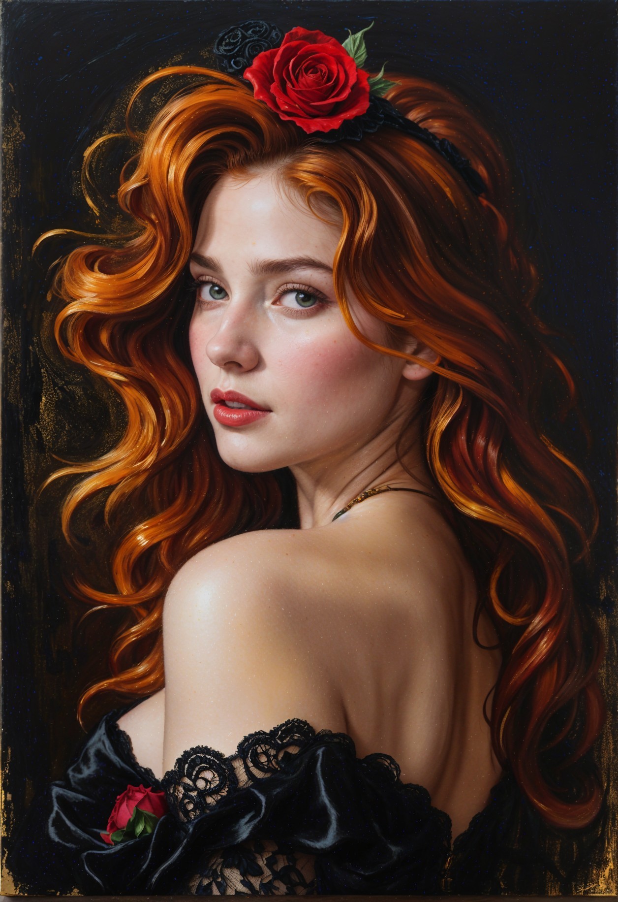 Portrait of a woman with red hair in black dress