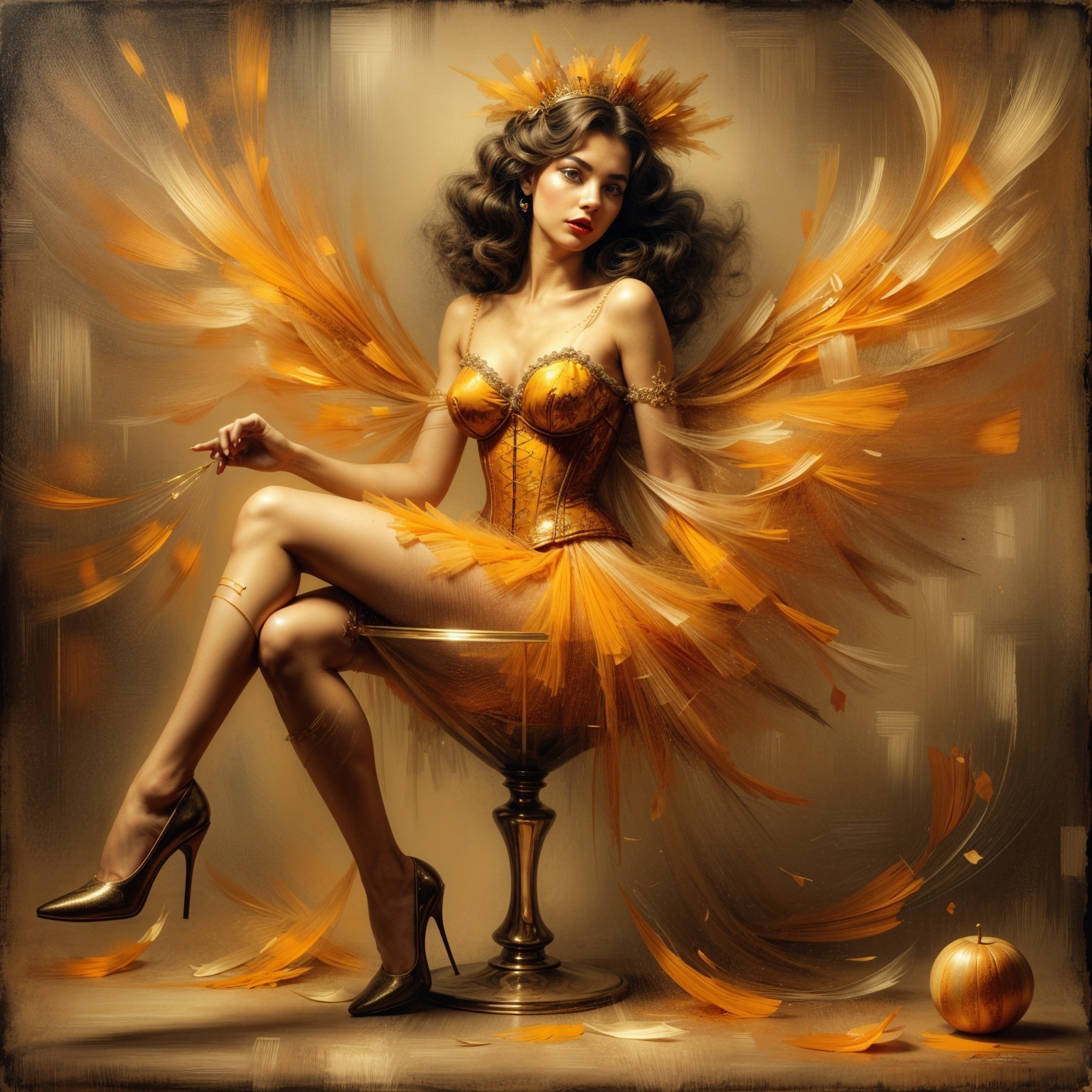 Elegant figure on golden stool with vibrant corset