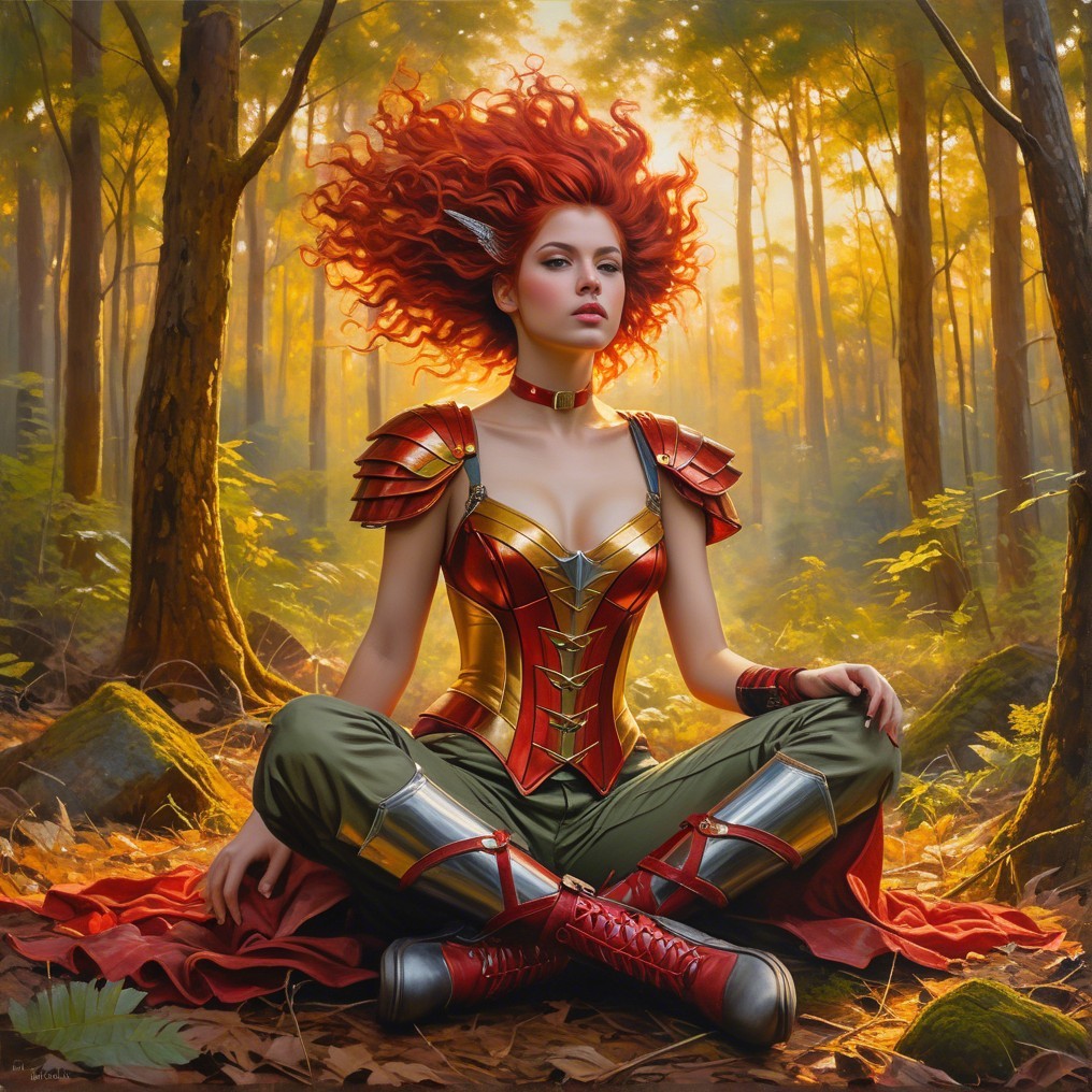 Warrior Woman in Vibrant Forest with Striking Armor