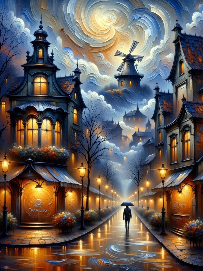 Illuminated Street Scene with Cozy Shops and Windmill