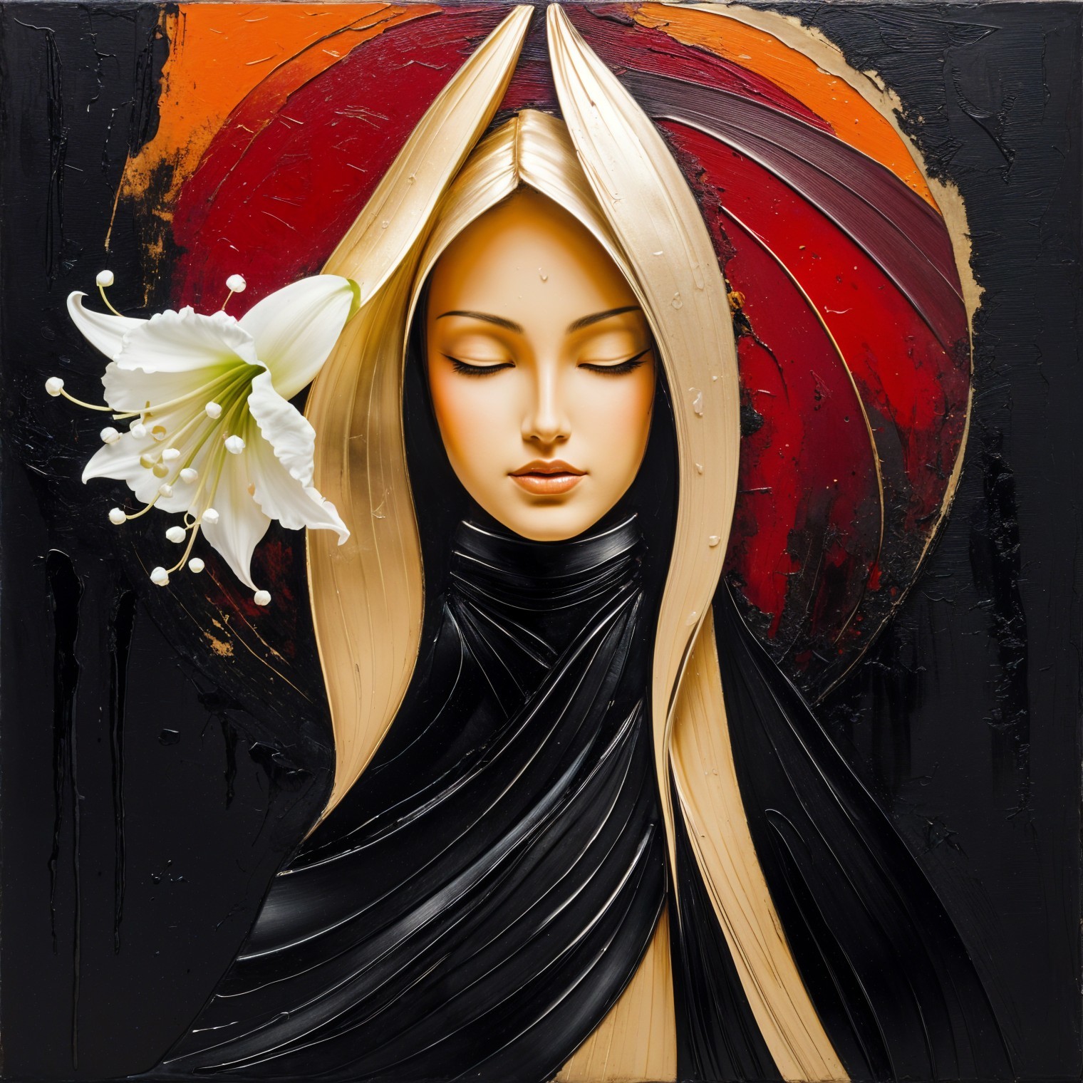 Serene Female Figure with Lily on Bold Red Background