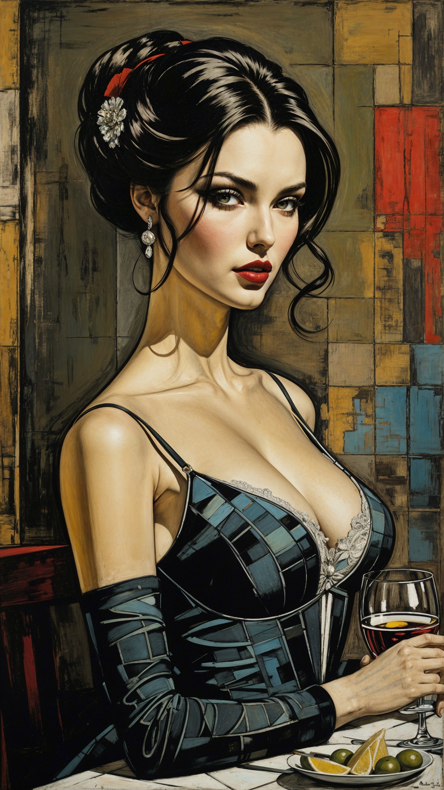 Glamorous Woman in Elegant Dress with Wine and Patterns