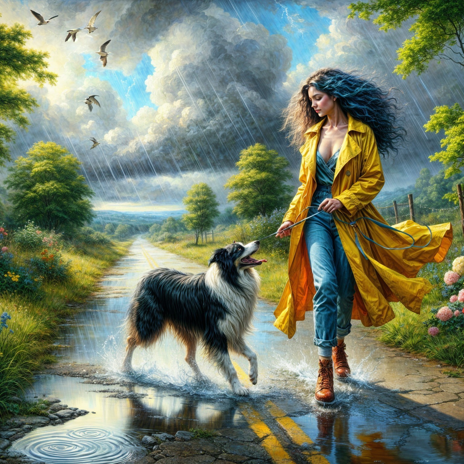Woman in Yellow Raincoat Walking Collie on Rainy Road