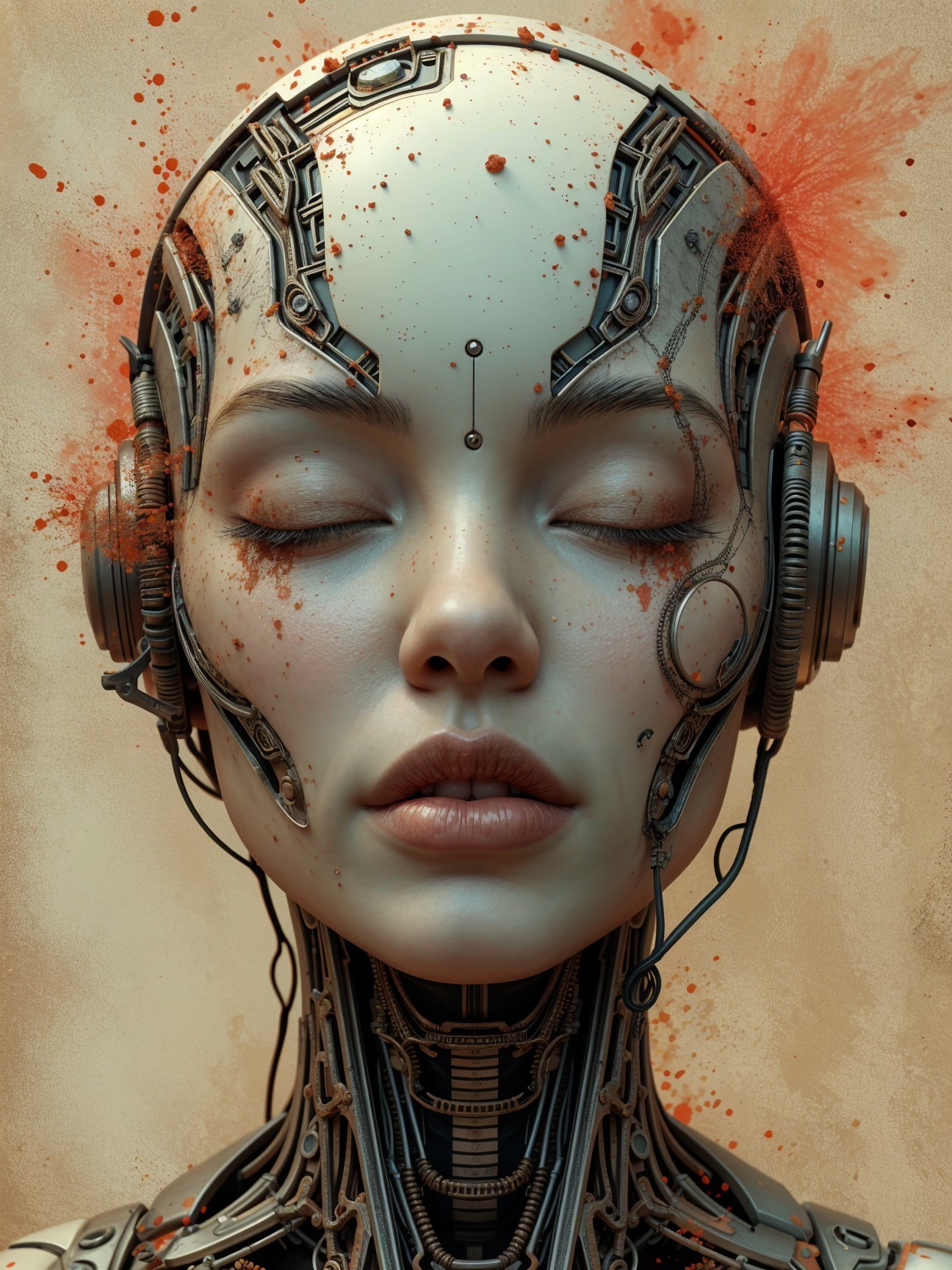 Futuristic humanoid robot with serene expression and details