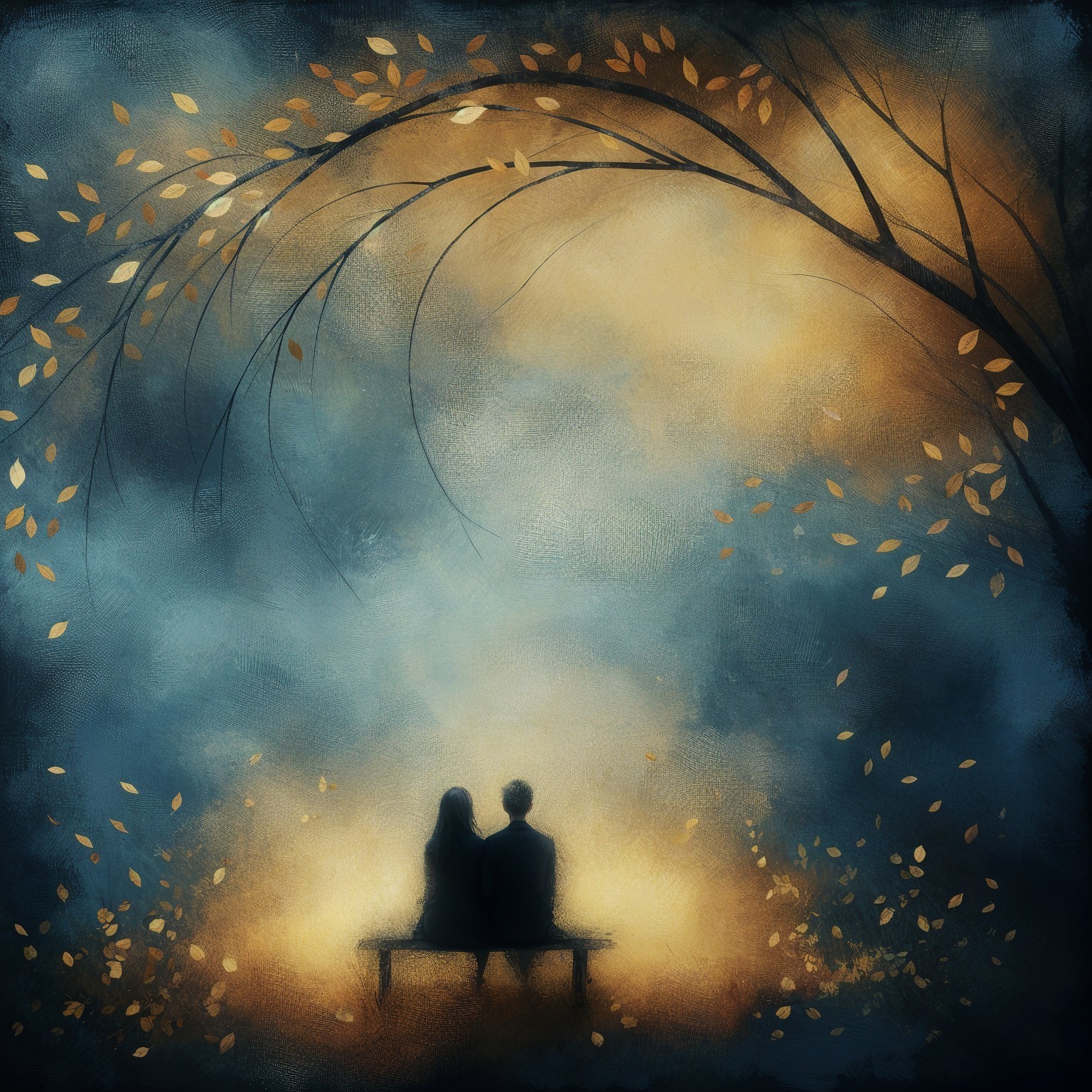 Couple on a Bench Under a Tree in Autumn Serenity