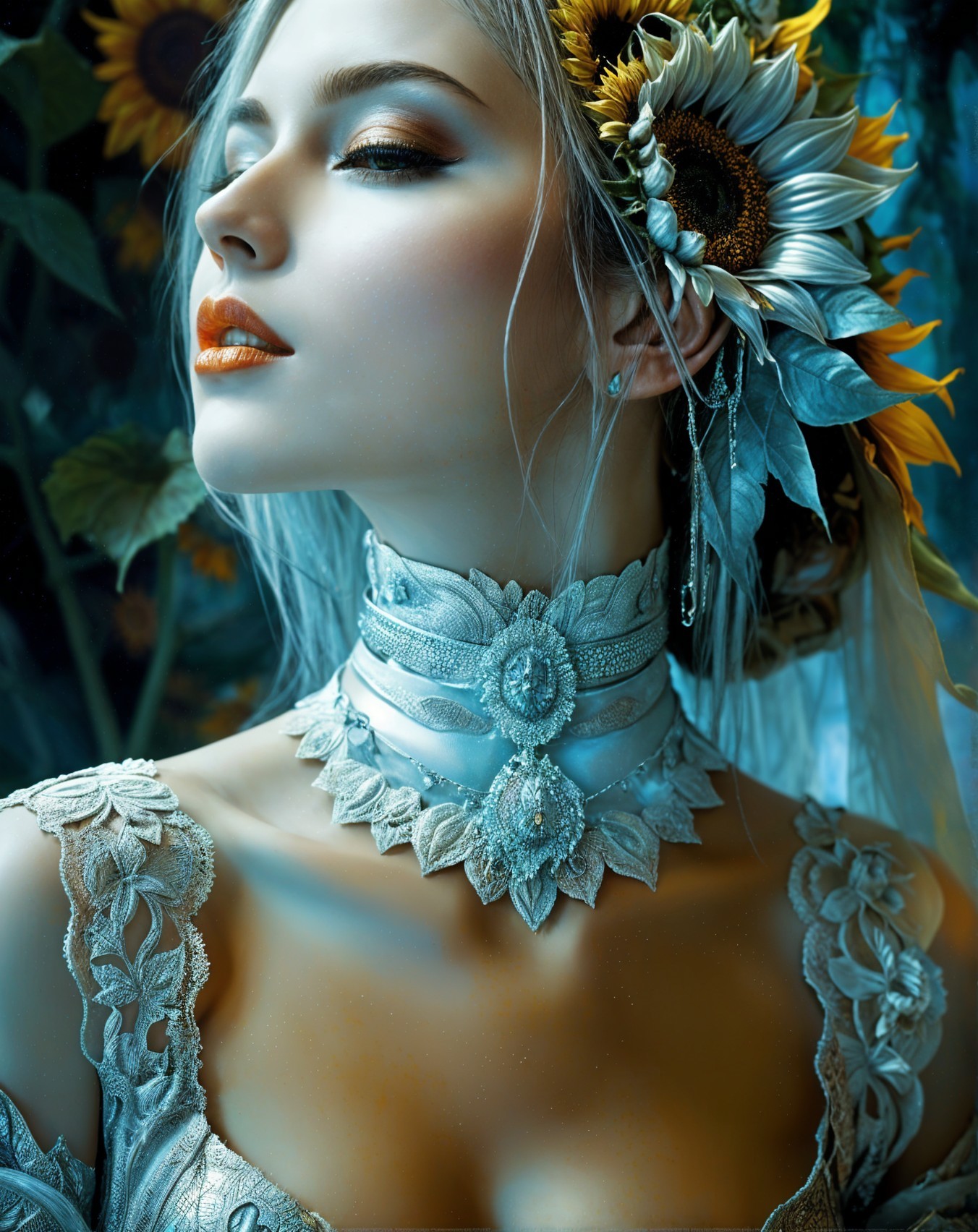 Elegant woman with sunflowers and floral choker