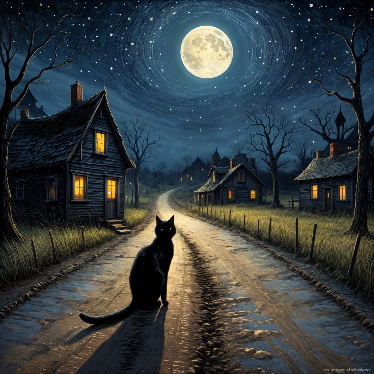 Serene Night Scene with Moonlit Road and Black Cat