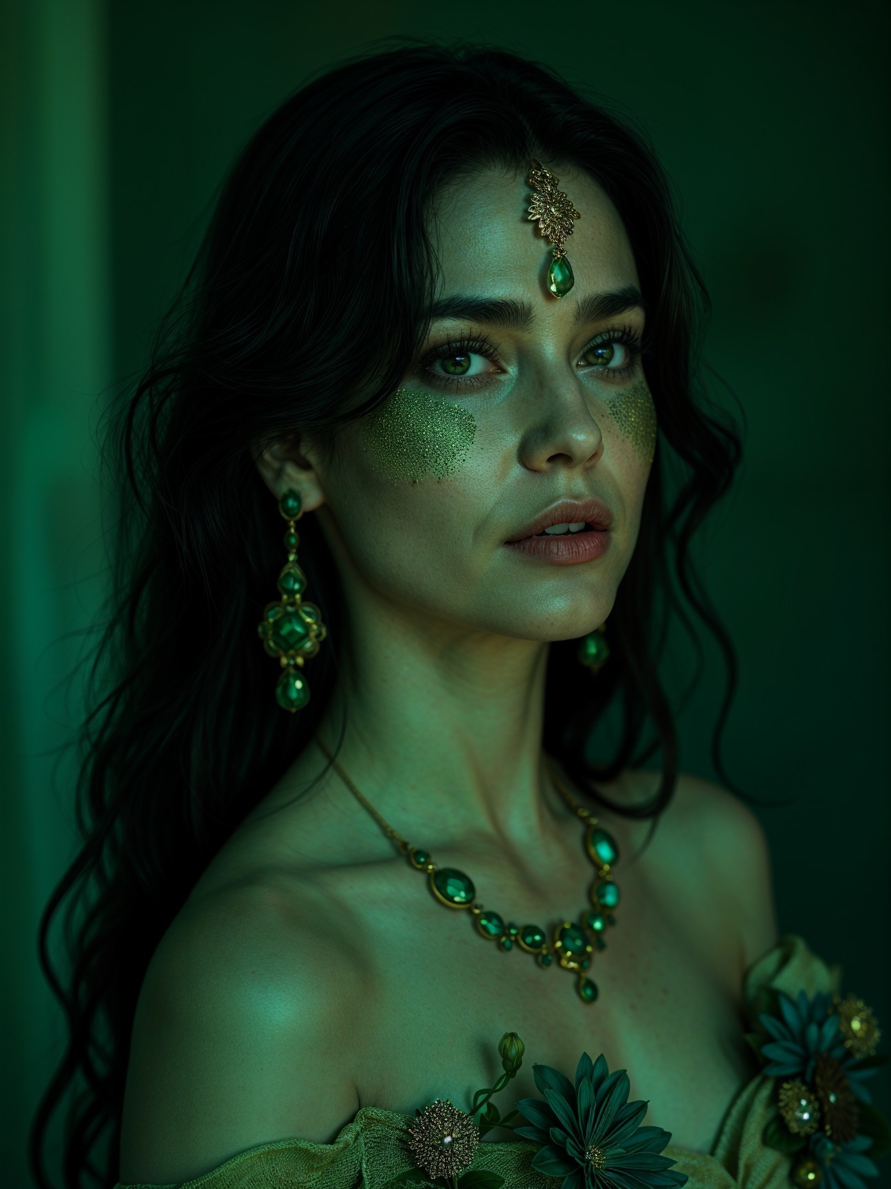 Portrait of a Woman in Green with Intricate Jewelry