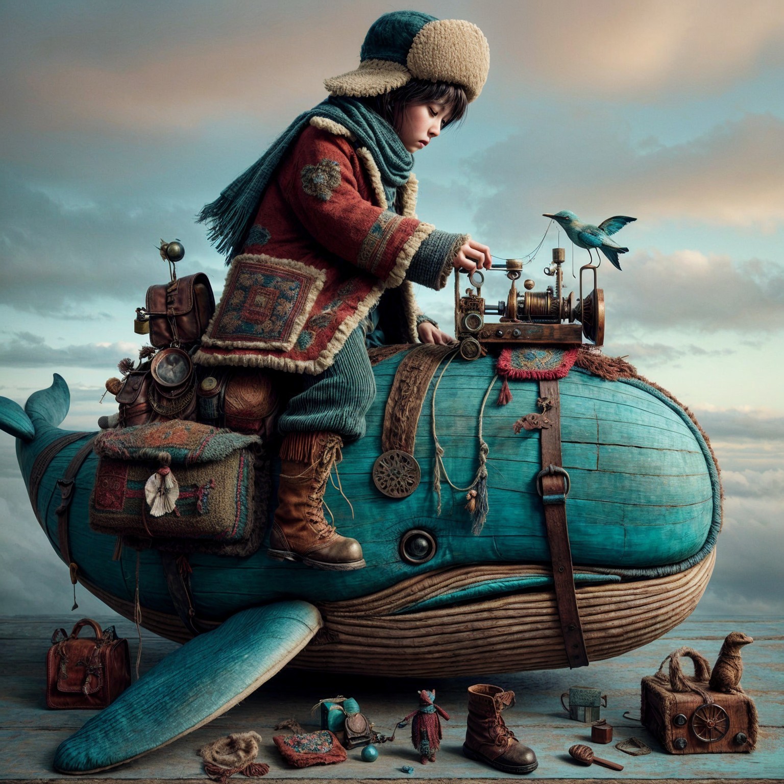 Whimsical Scene of Boy on Whale with Sewing Machine