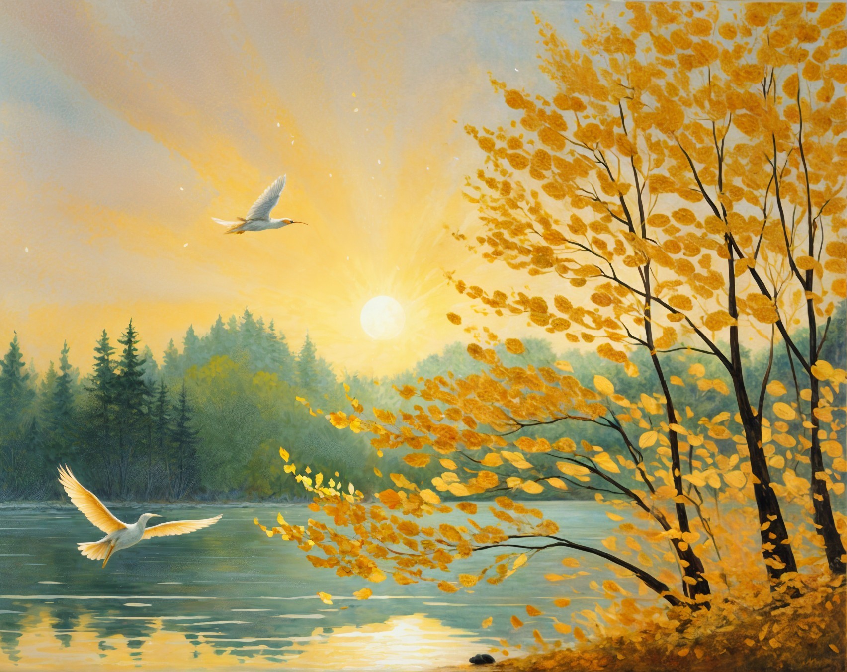 Autumn Landscape with Yellow Foliage and Tranquil Lake