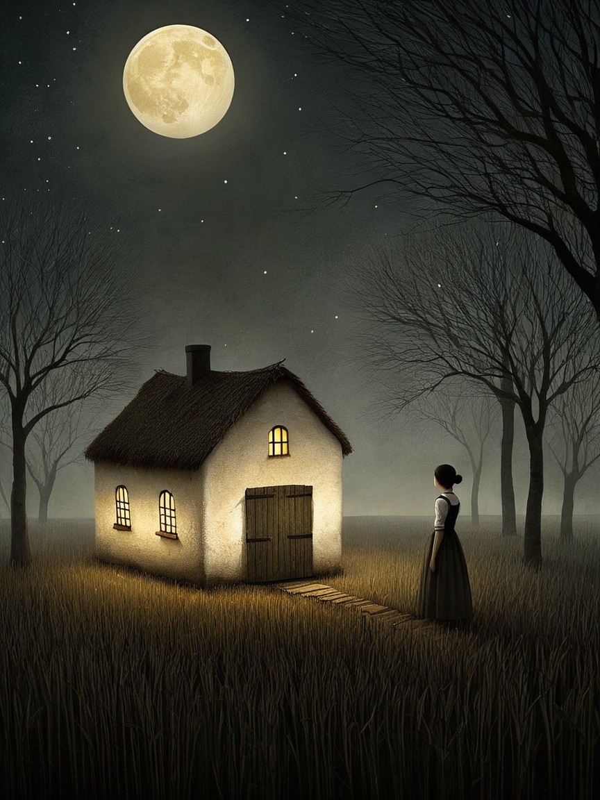 Lone Figure in Dim Field by Thatched Cottage at Night