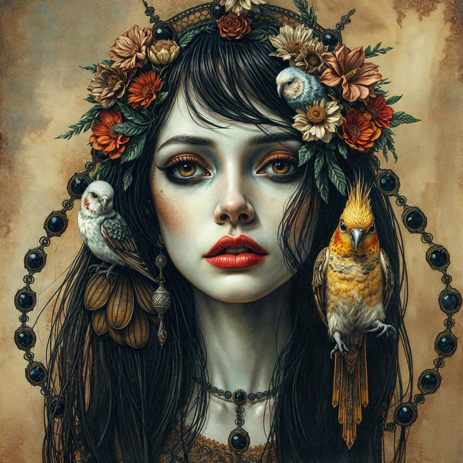 Portrait of a woman with floral crown and birds