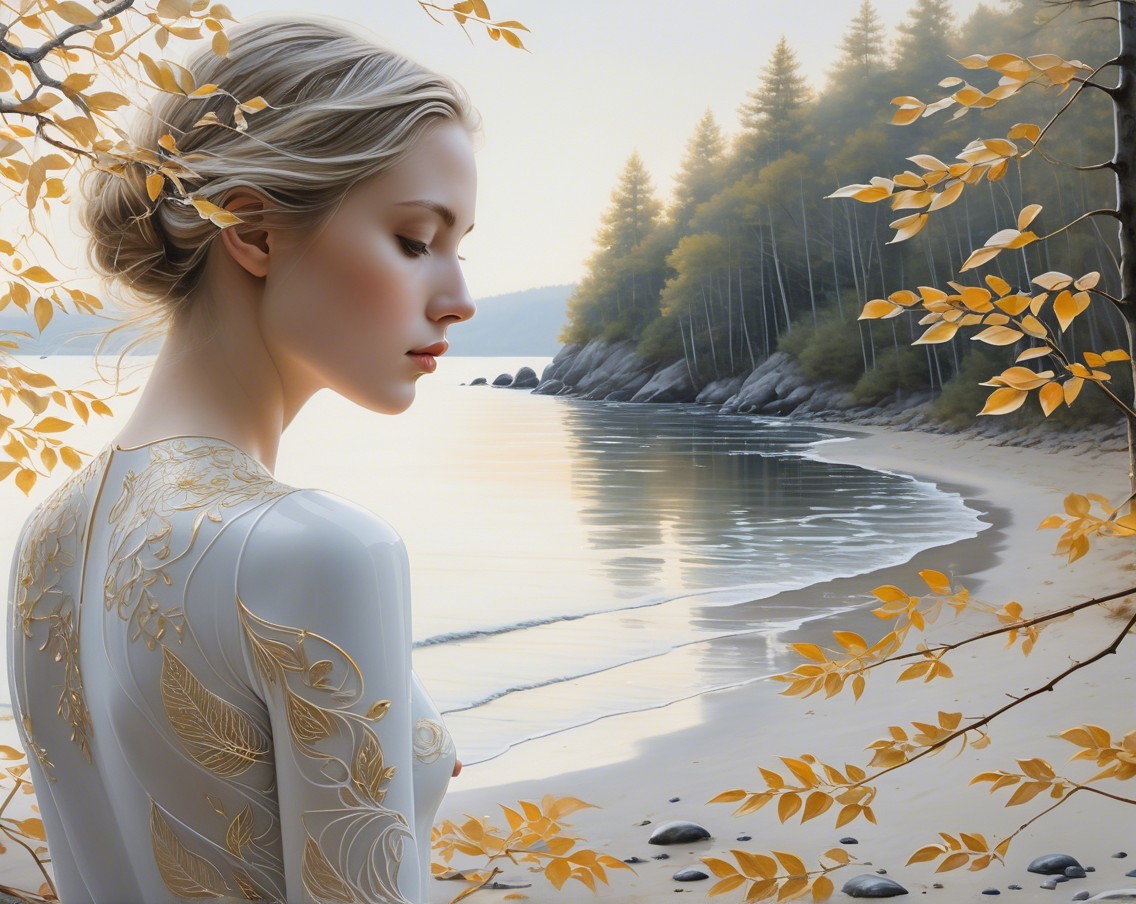 Young Woman in Profile at Tranquil Beach Scene