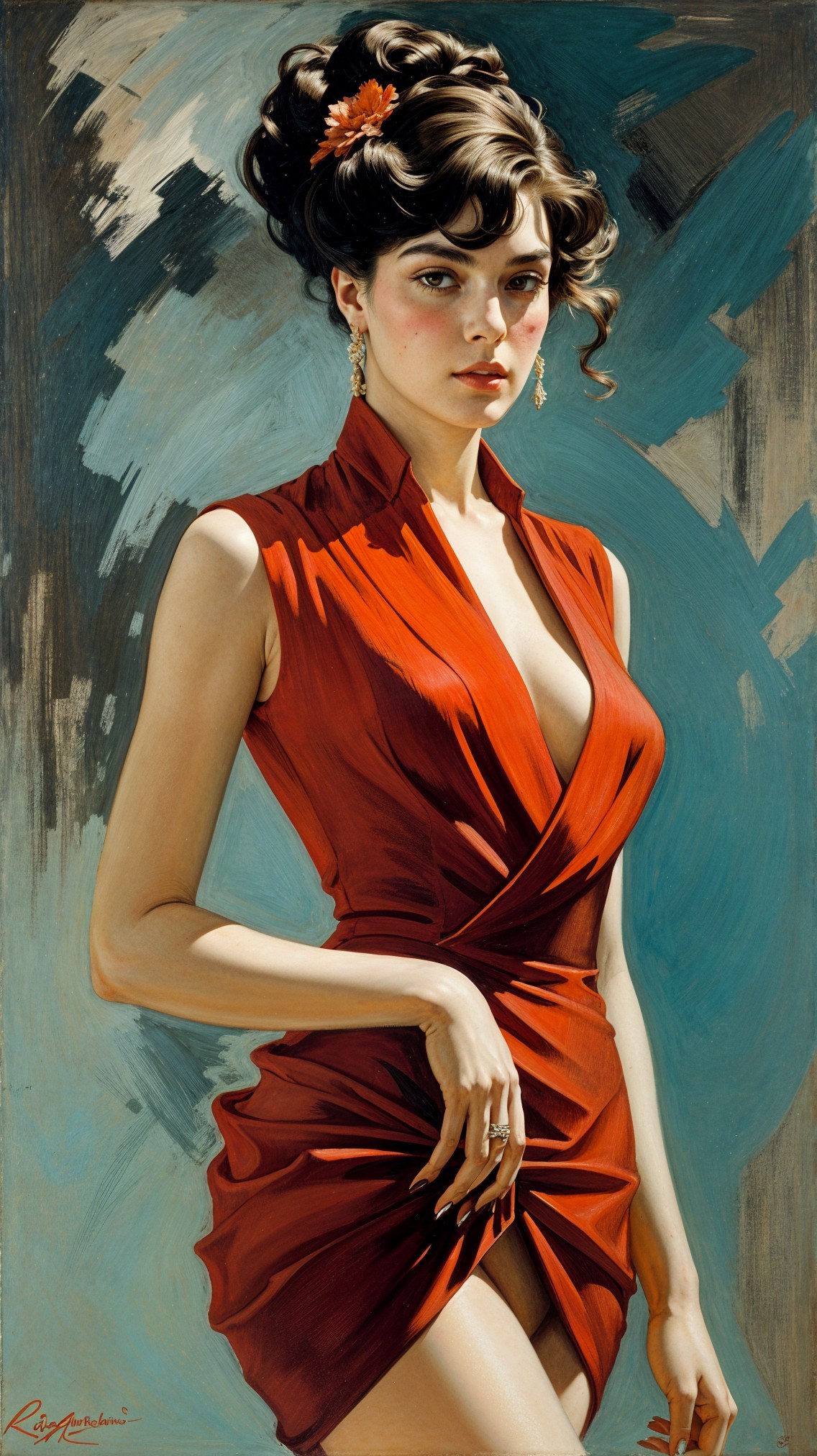 Elegant Woman in Striking Red Dress with Floral Accent