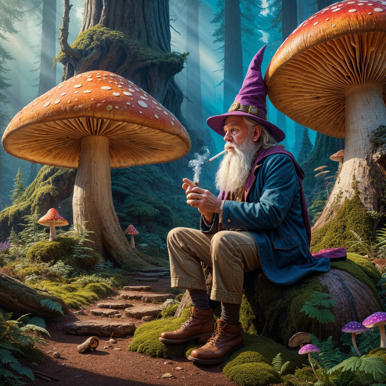 Wizard in Enchanted Forest Surrounded by Mushrooms