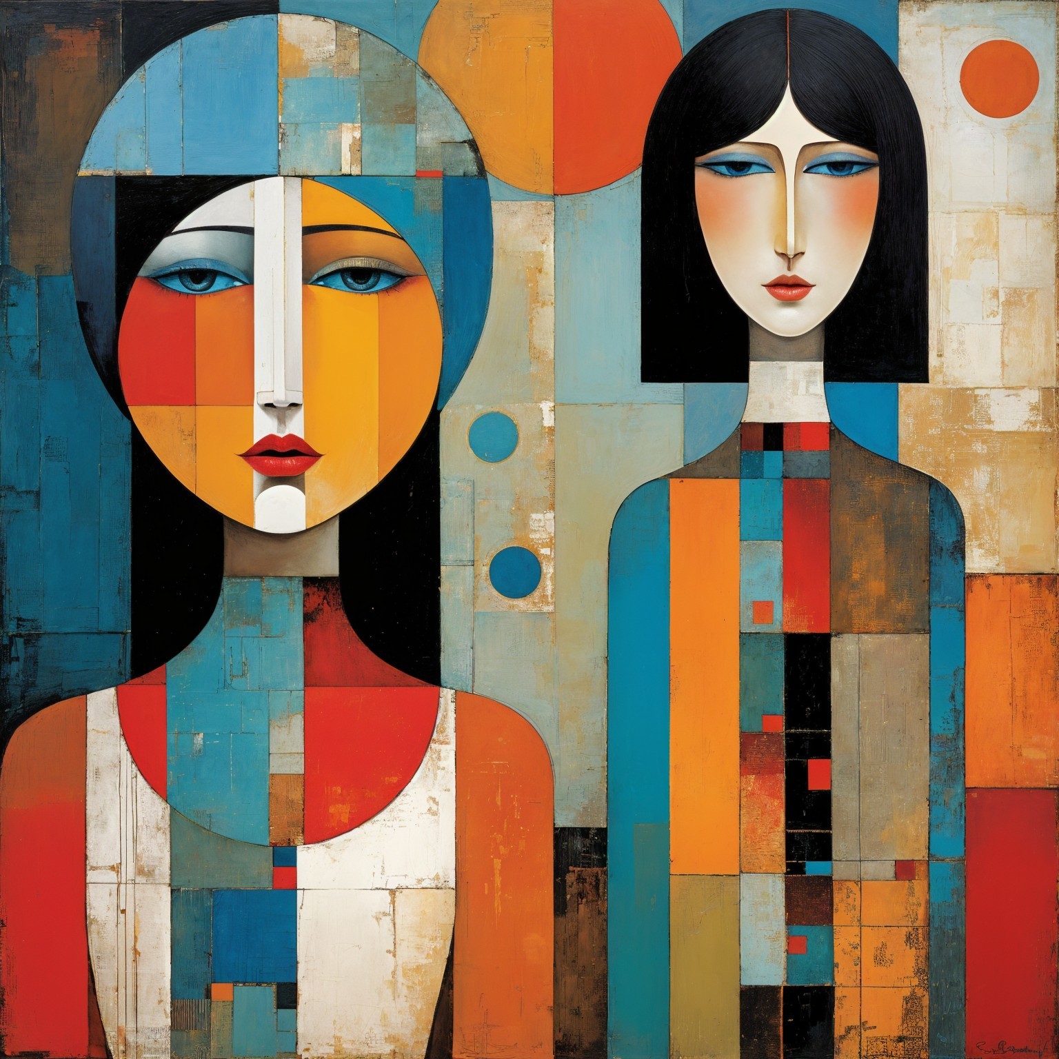 Stylized Figures Against Vibrant Geometric Background