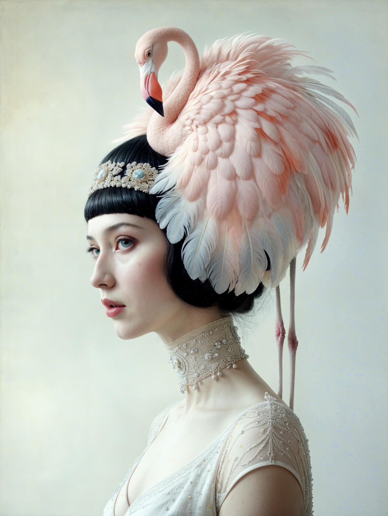 Woman in ethereal attire with flamingo headpiece