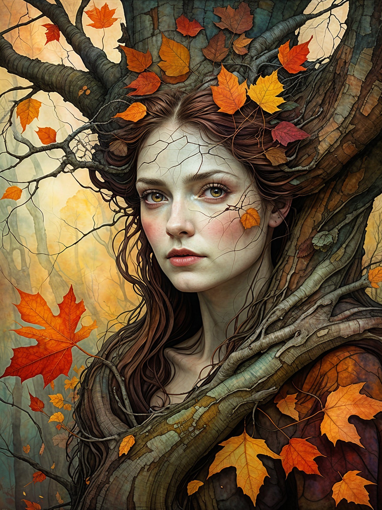 Portrait of a woman intertwined with a tree in autumn