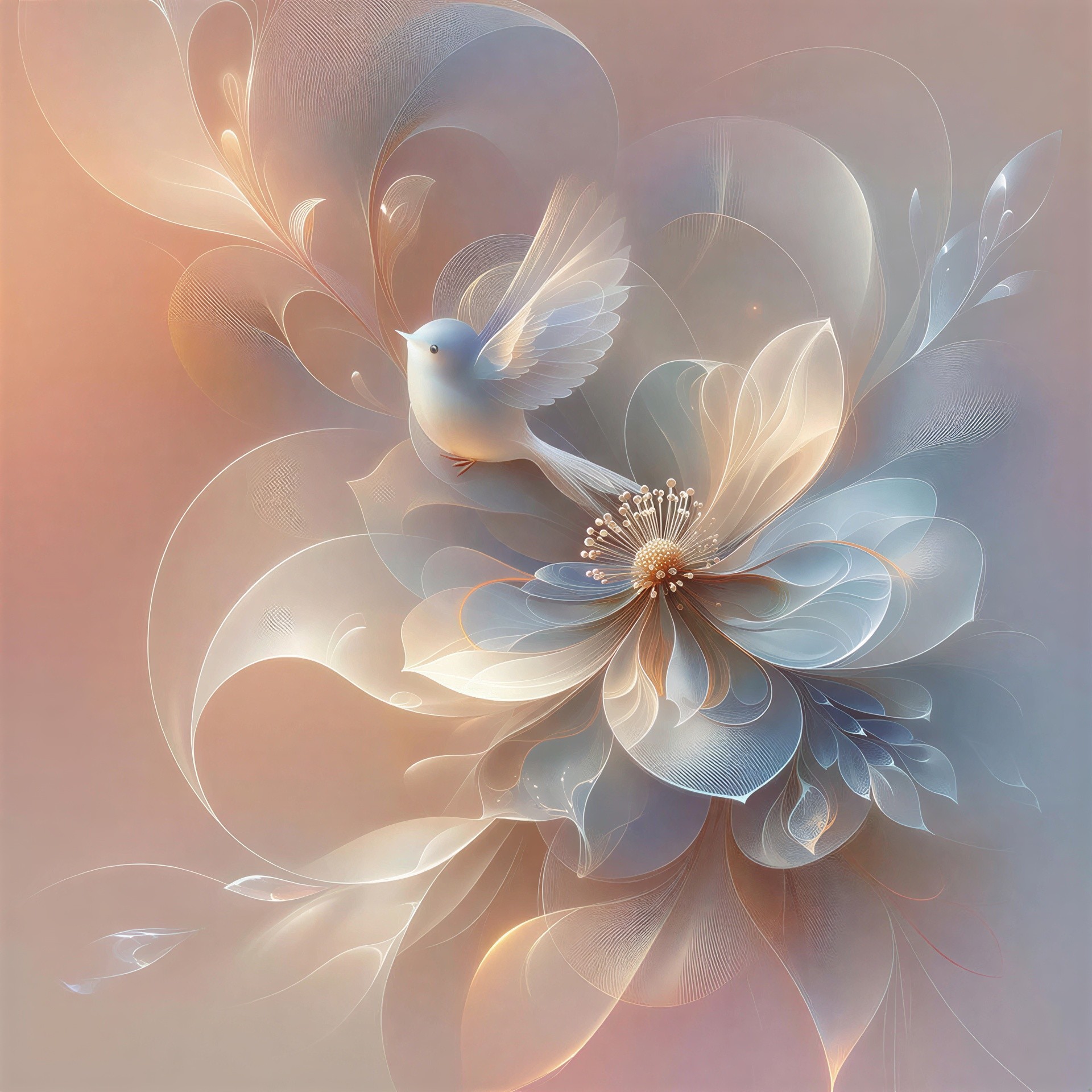 Digital Illustration of a White Bird on Ethereal Flower