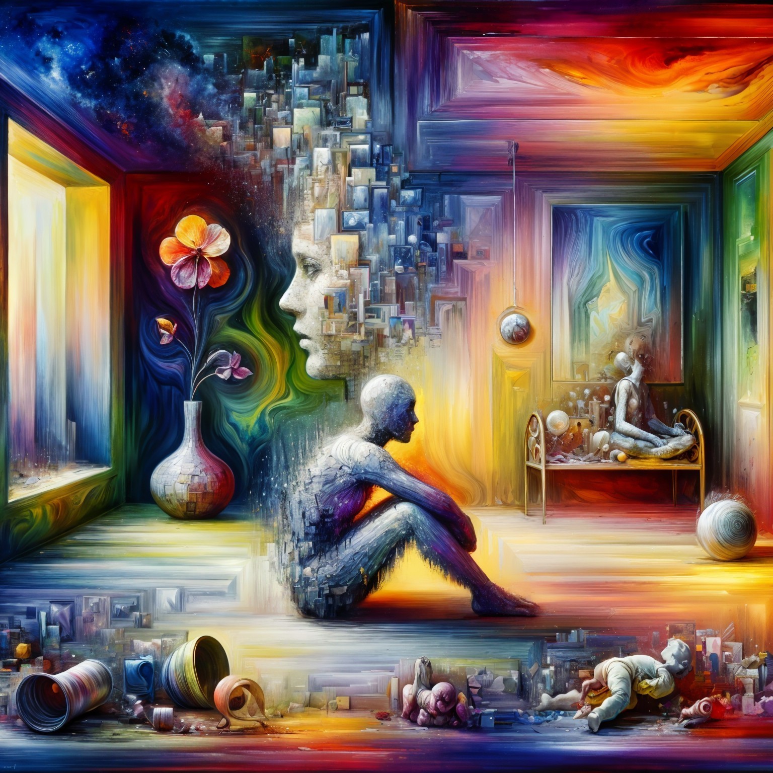 Surreal Artwork Featuring Contemplative Human Figure