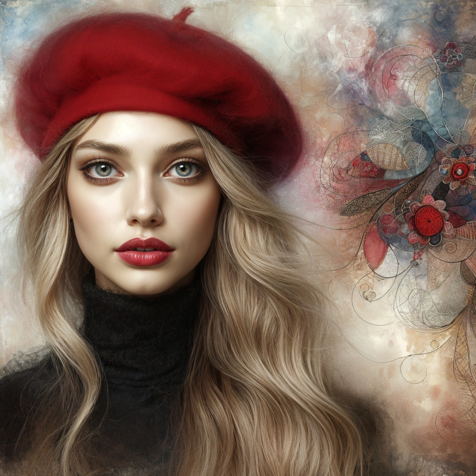 Portrait of a Woman in Red Beret and Dark Turtleneck