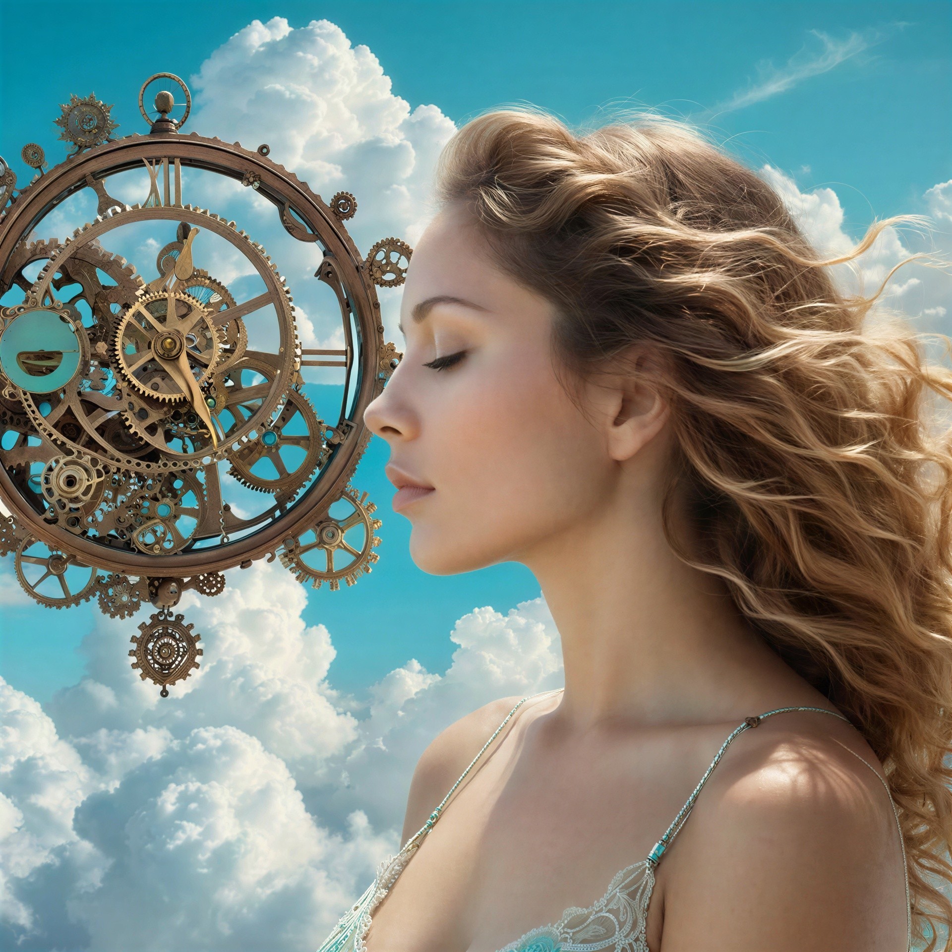 Steampunk Woman with Clockwork Mechanism in Sky