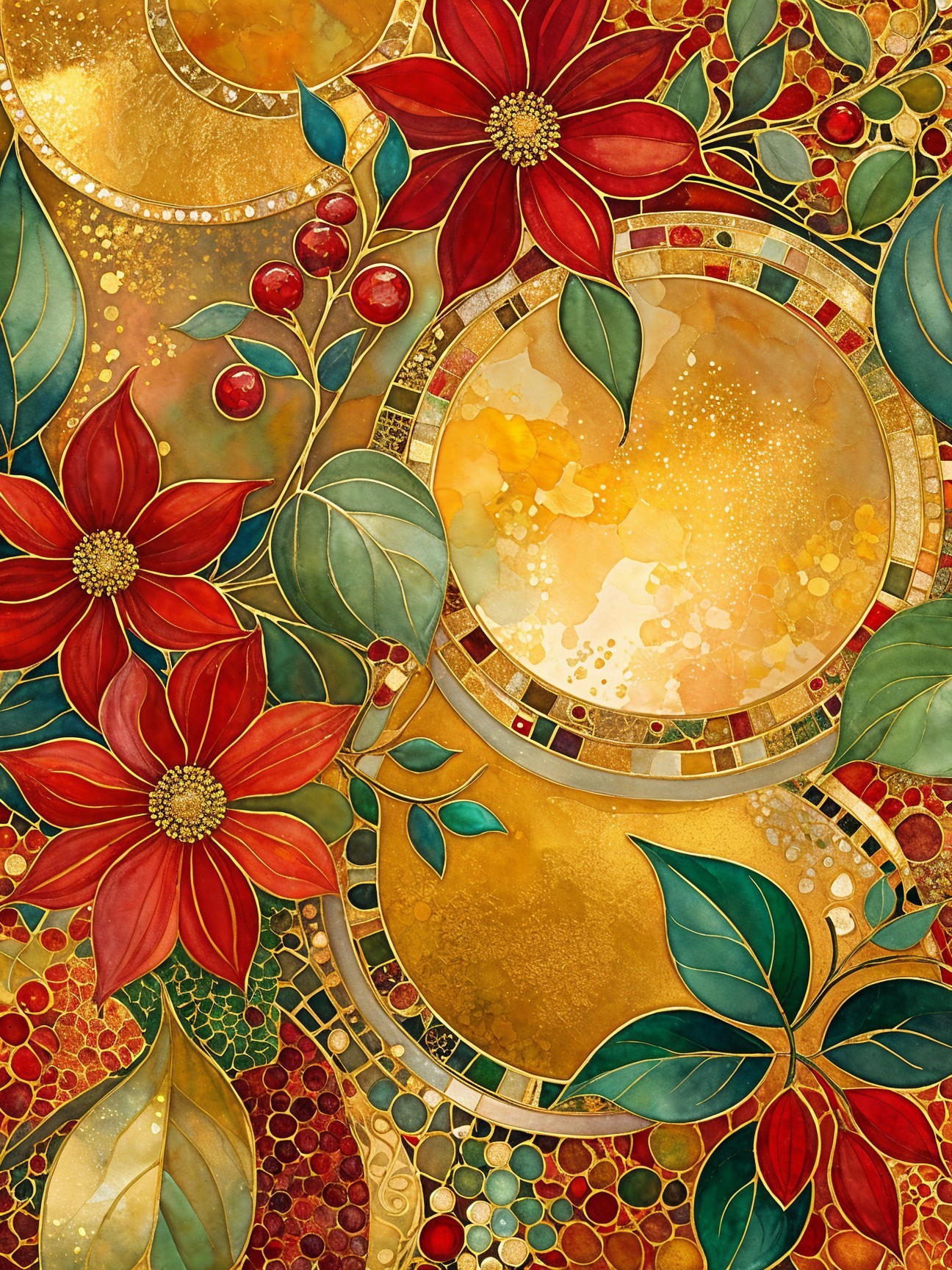 Vibrant Poinsettia Artwork with Gold Background