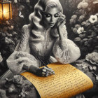 Monochrome Garden with Woman Writing on Golden Envelope
