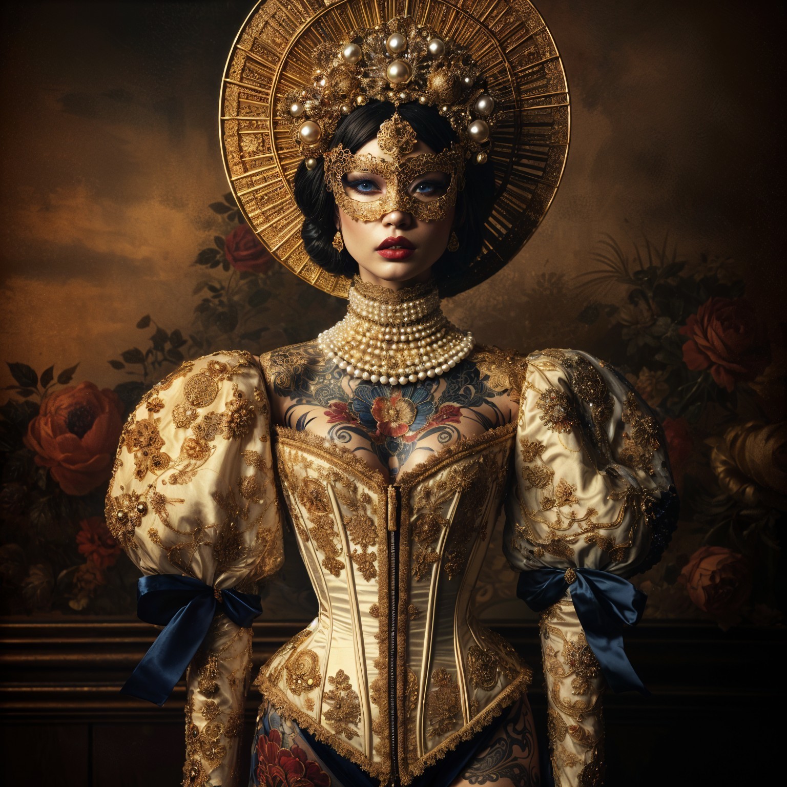 Portrait of a Woman in Golden Gown and Ornate Mask